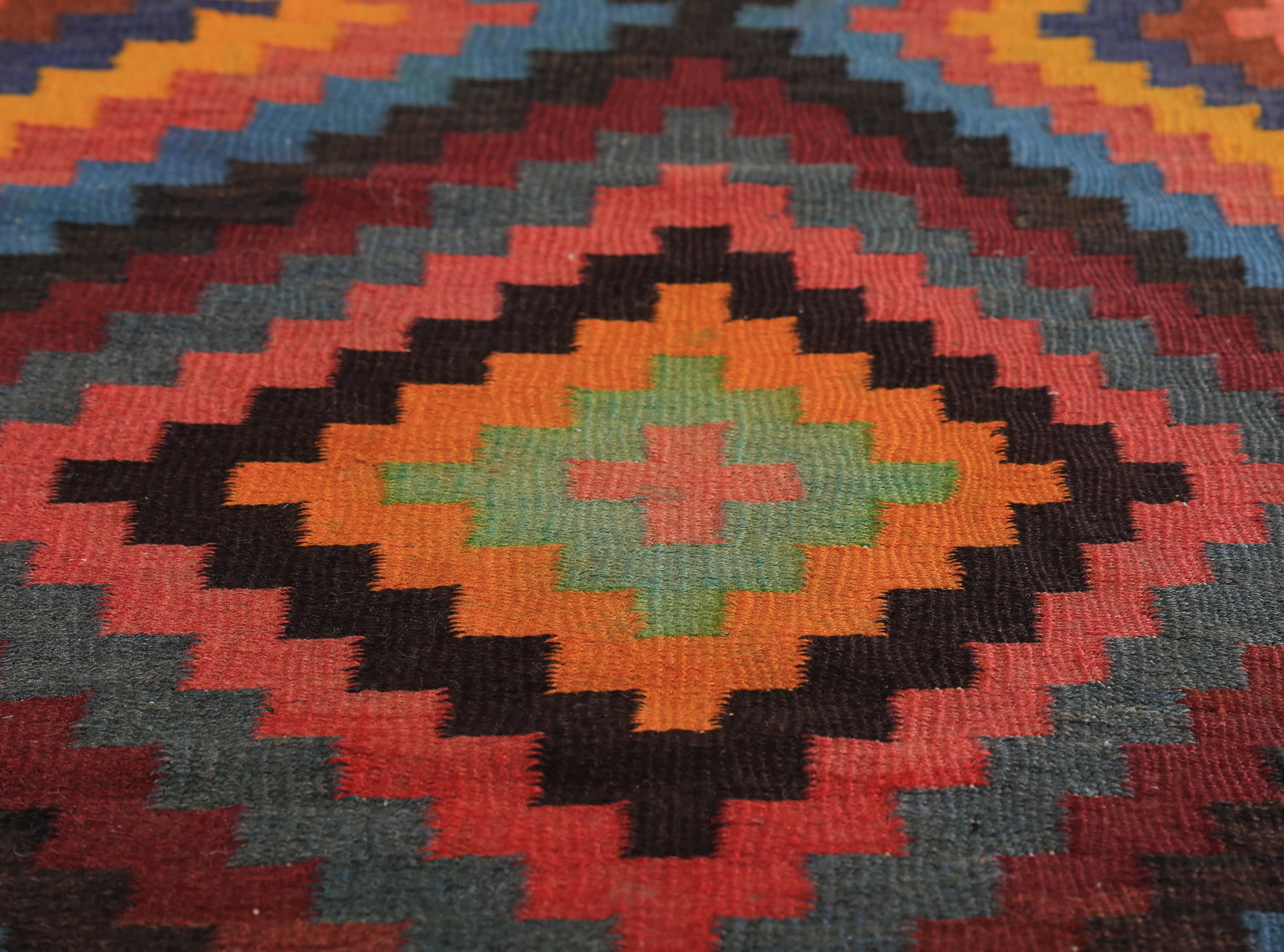 Modern Turkish Kilim Runner Rug with Colored Diamond Details In New Condition For Sale In Dallas, TX