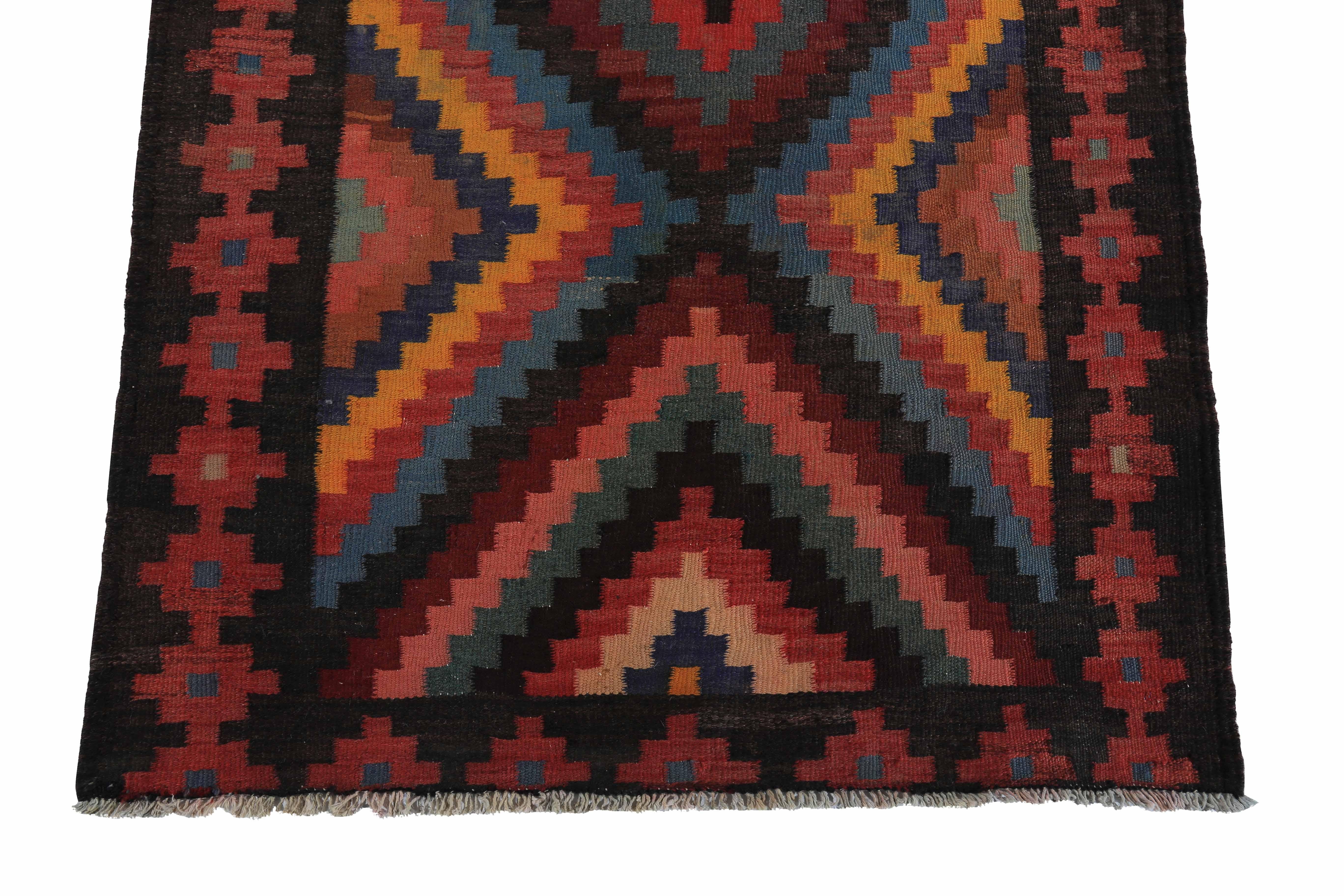 Wool Modern Turkish Kilim Runner Rug with Colored Diamond Details For Sale