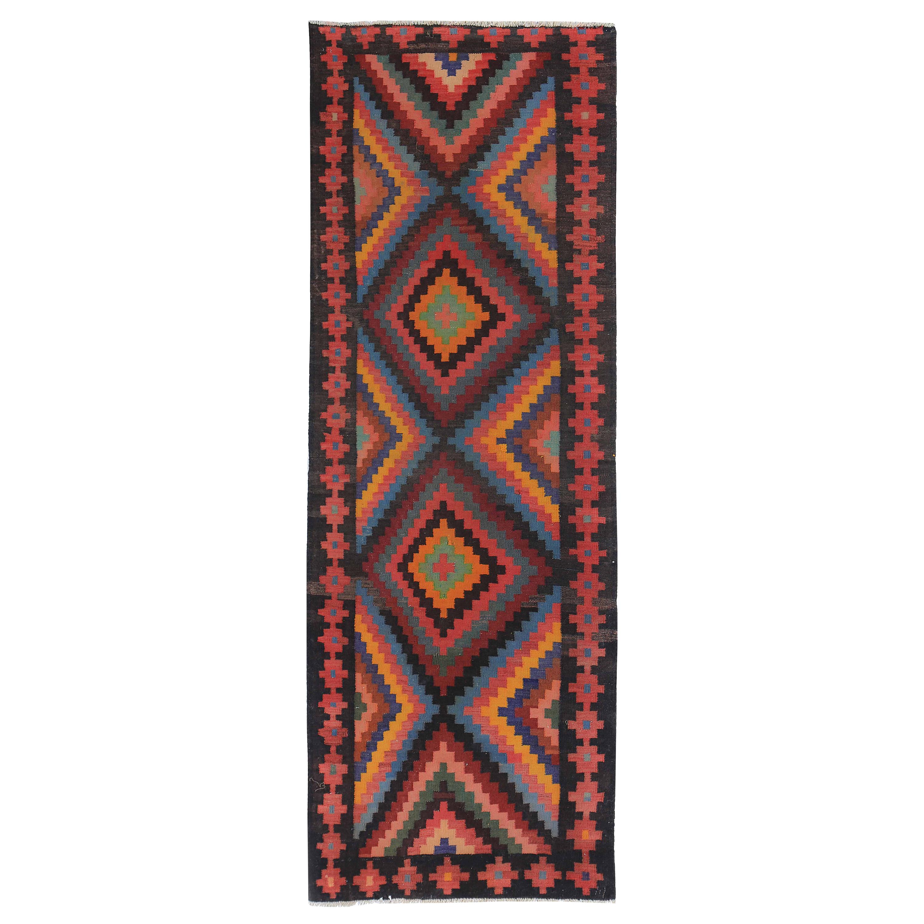 Modern Turkish Kilim Runner Rug with Colored Diamond Details For Sale