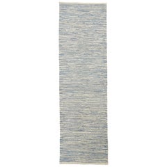 Modern Turkish Kilim Runner Rug with Gray and Navy Stripes on Ivory Field