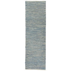 Modern Turkish Kilim Runner Rug with Gray and Navy Stripes on Ivory Field