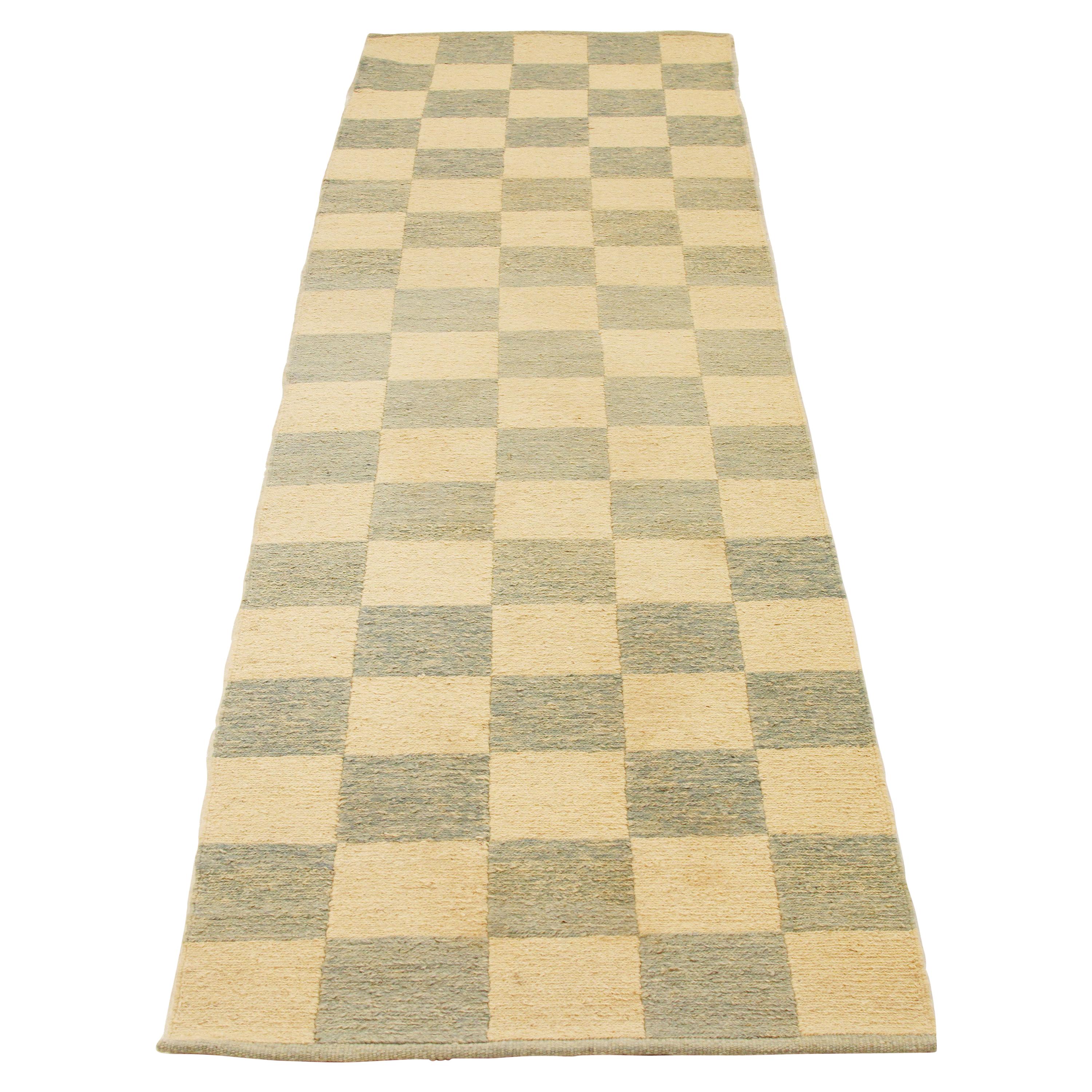 Modern Turkish Kilim Runner Rug with Green and Ivory Tiles Pattern For Sale