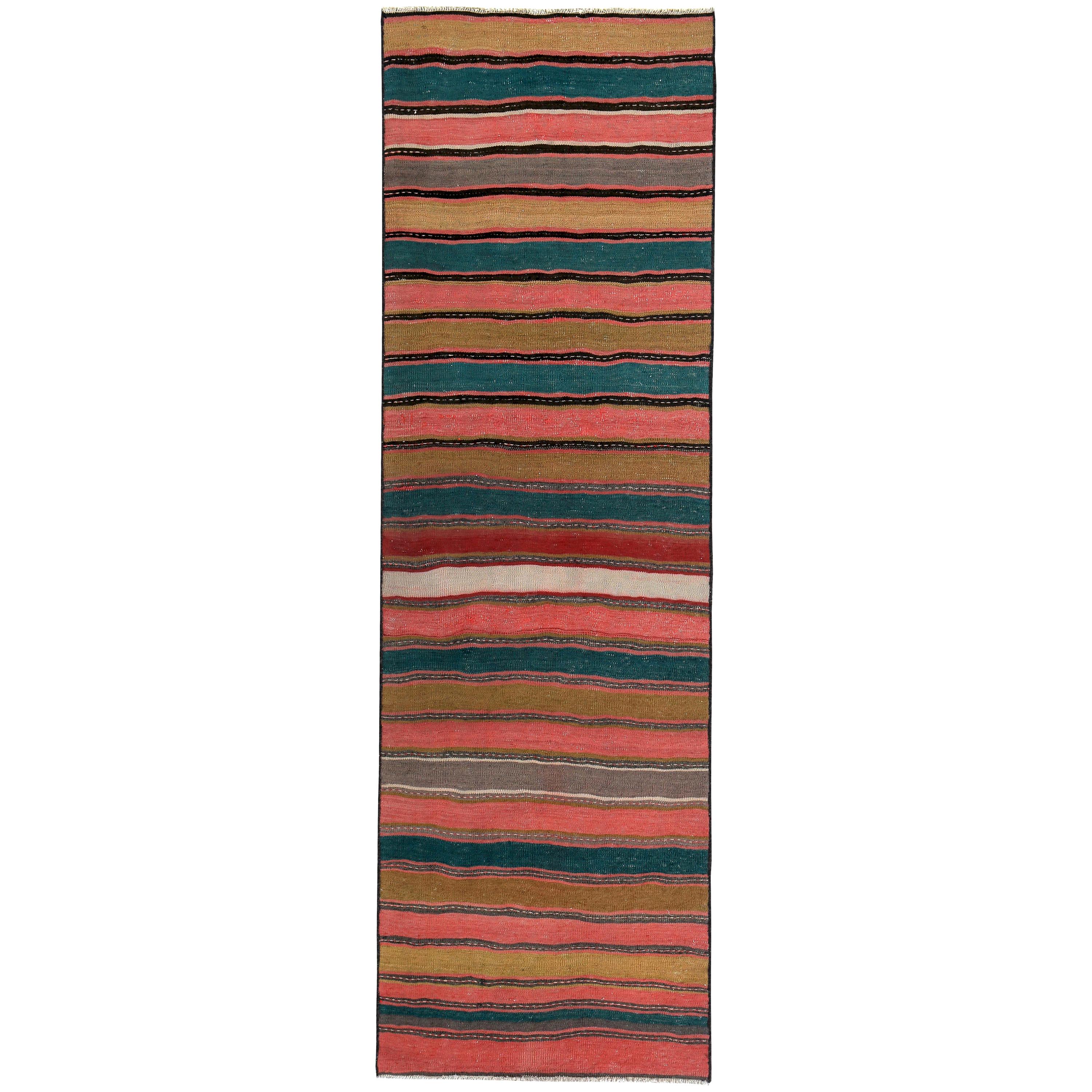 Modern Turkish Kilim Runner Rug with Green, Red and Brown Stripes