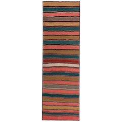 Modern Turkish Kilim Runner Rug with Green, Red and Brown Stripes