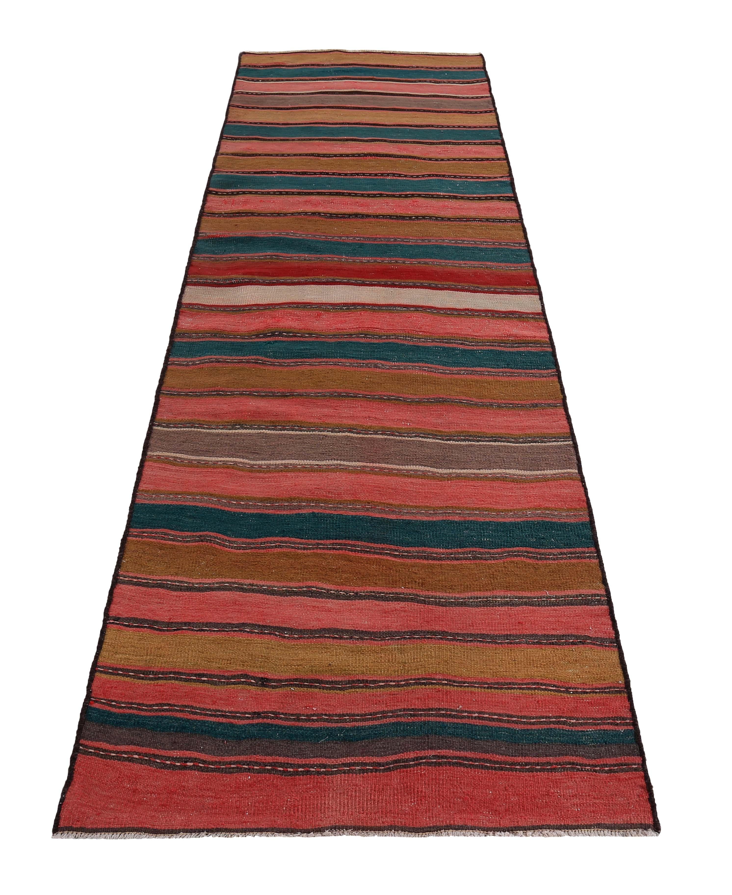 Modern Turkish runner rug handwoven from the finest sheep’s wool and colored with all-natural vegetable dyes that are safe for humans and pets. It’s a traditional Kilim flat-weave design featuring green, red and brown stripes. It’s a stunning piece