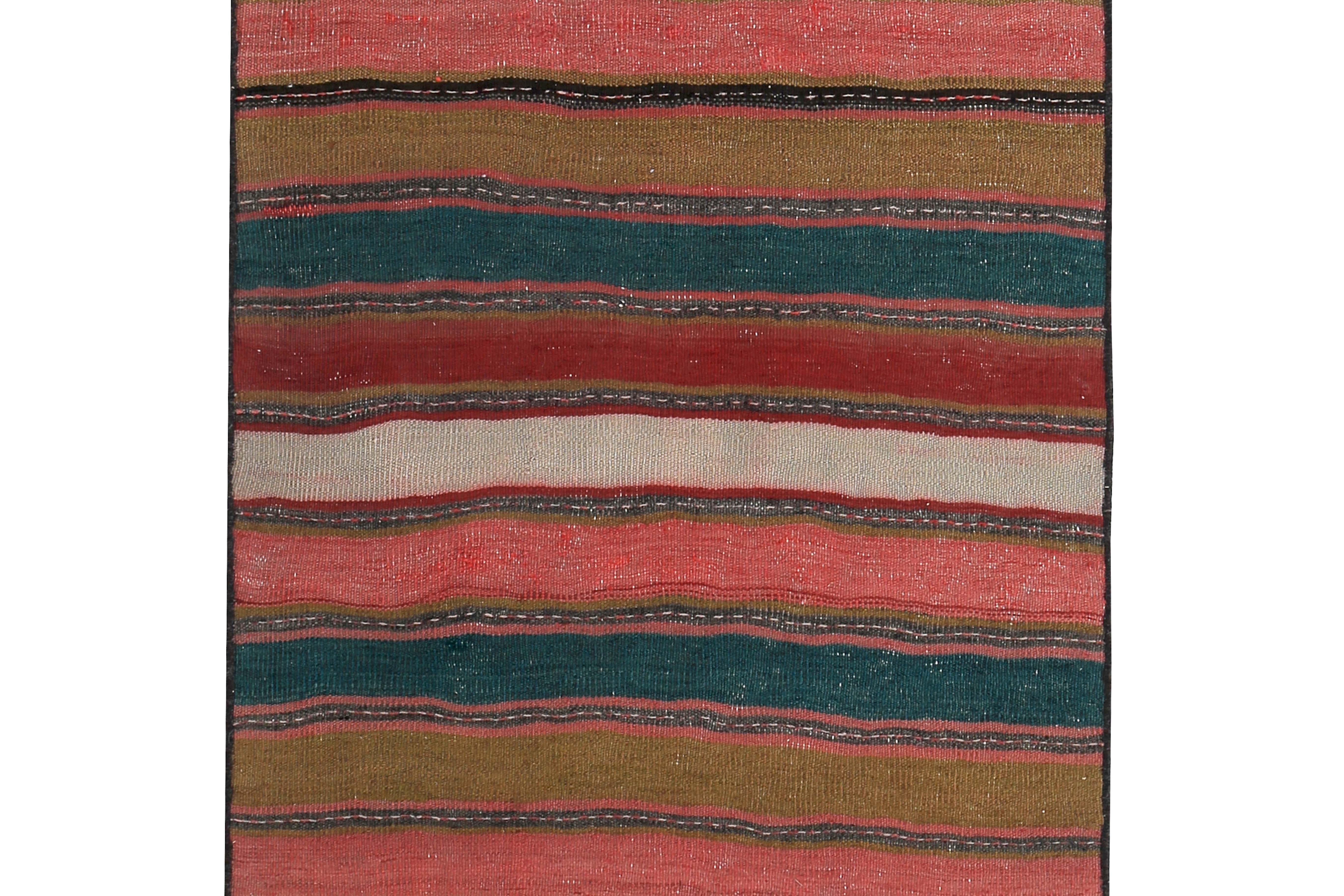 Hand-Woven Modern Turkish Kilim Runner Rug with Green, Red and Brown Stripes For Sale