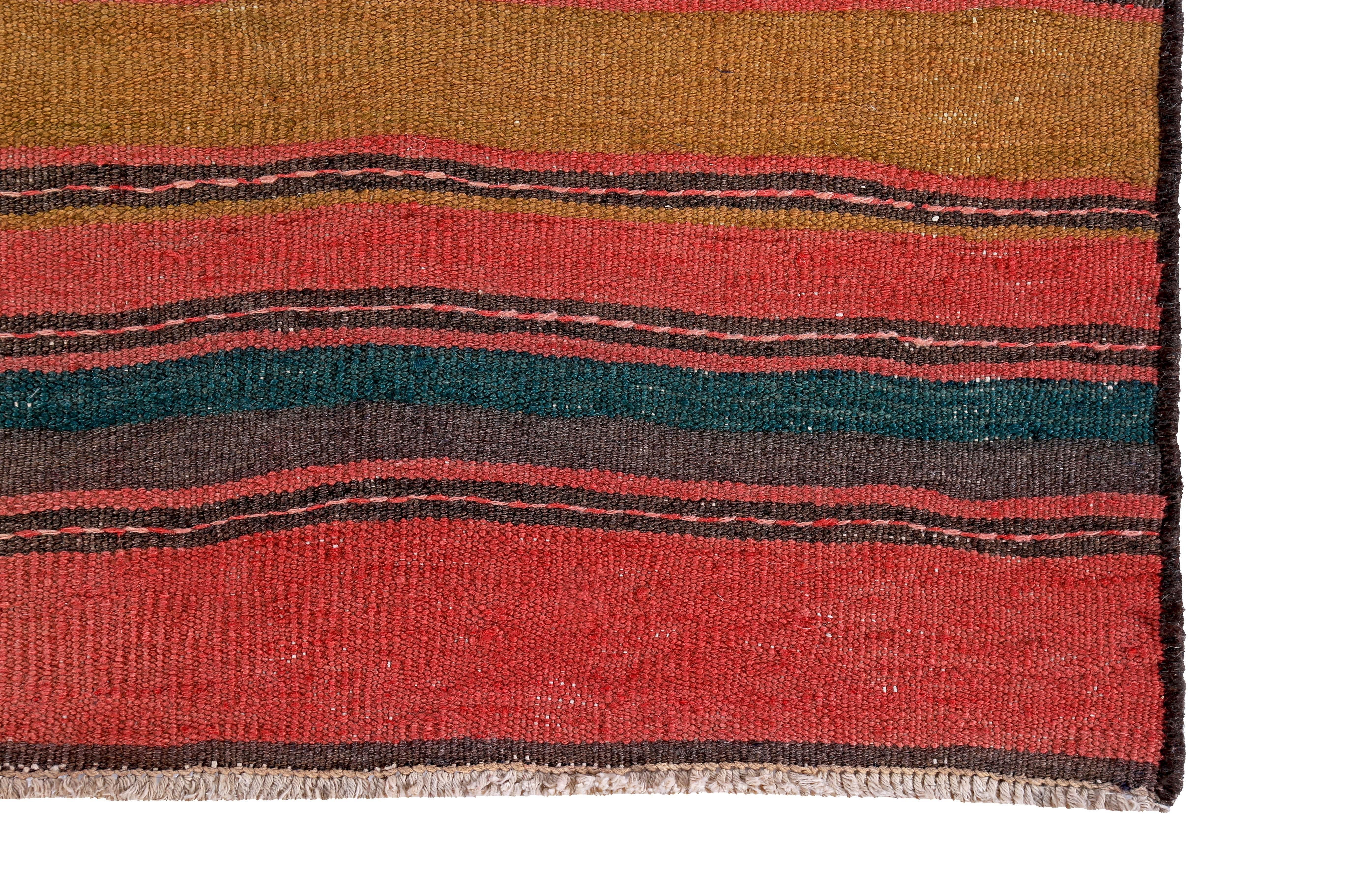 Modern Turkish Kilim Runner Rug with Green, Red and Brown Stripes In New Condition For Sale In Dallas, TX