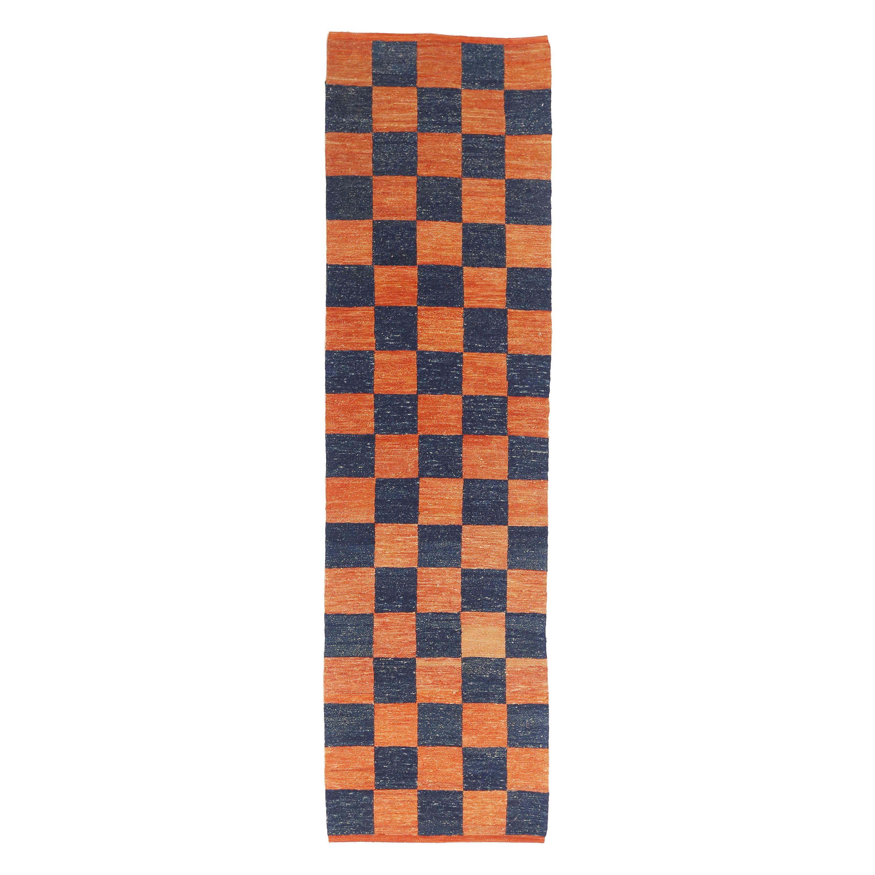 Modern Turkish Kilim Runner Rug with Orange and Navy Tiles Pattern For Sale