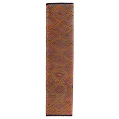 Modern Turkish Kilim Runner Rug with Orange and Red Tribal Patterns