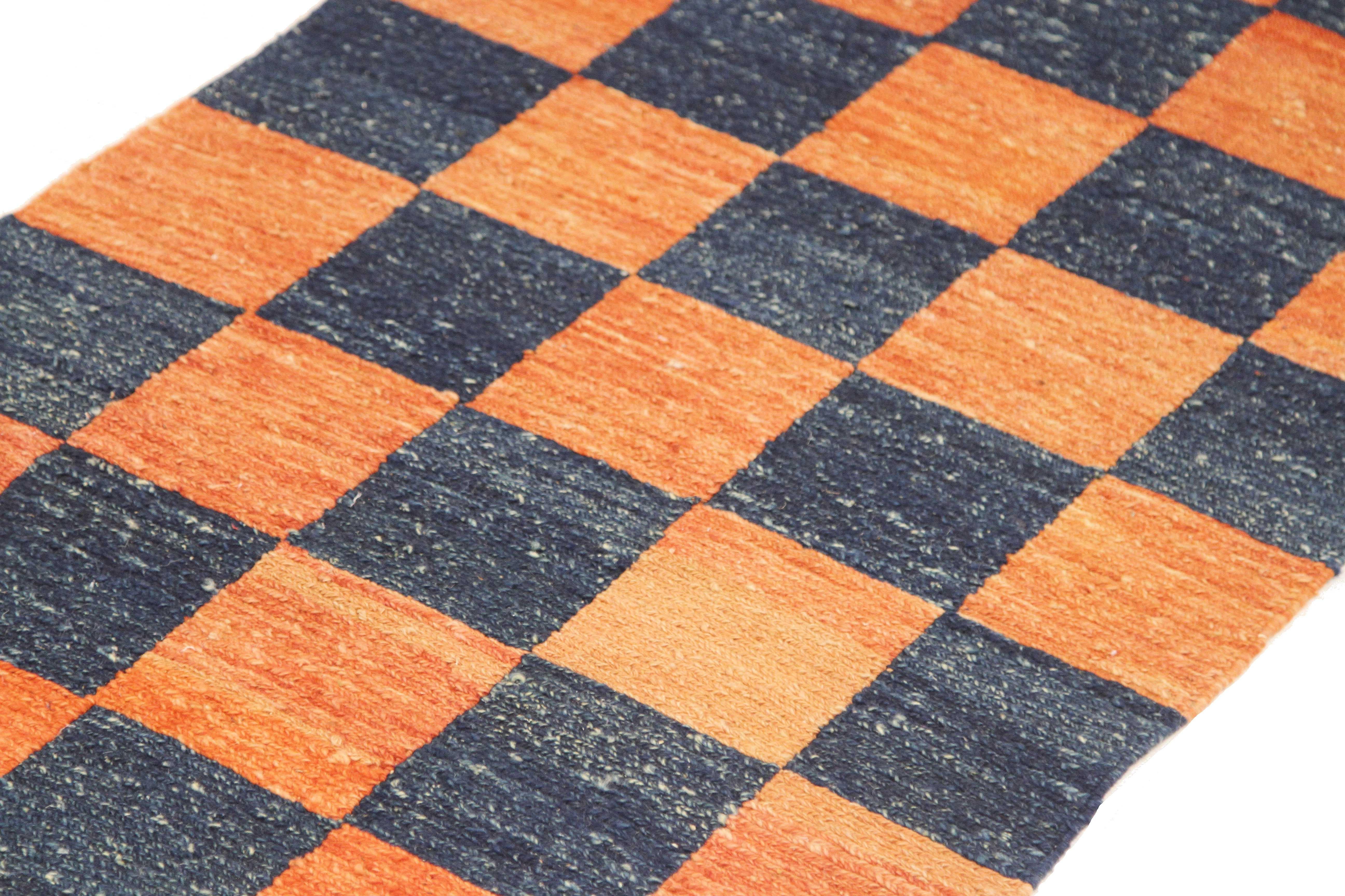 Modern Turkish Kilim Runner Rug with Orange and Navy Tiles Pattern In New Condition For Sale In Dallas, TX