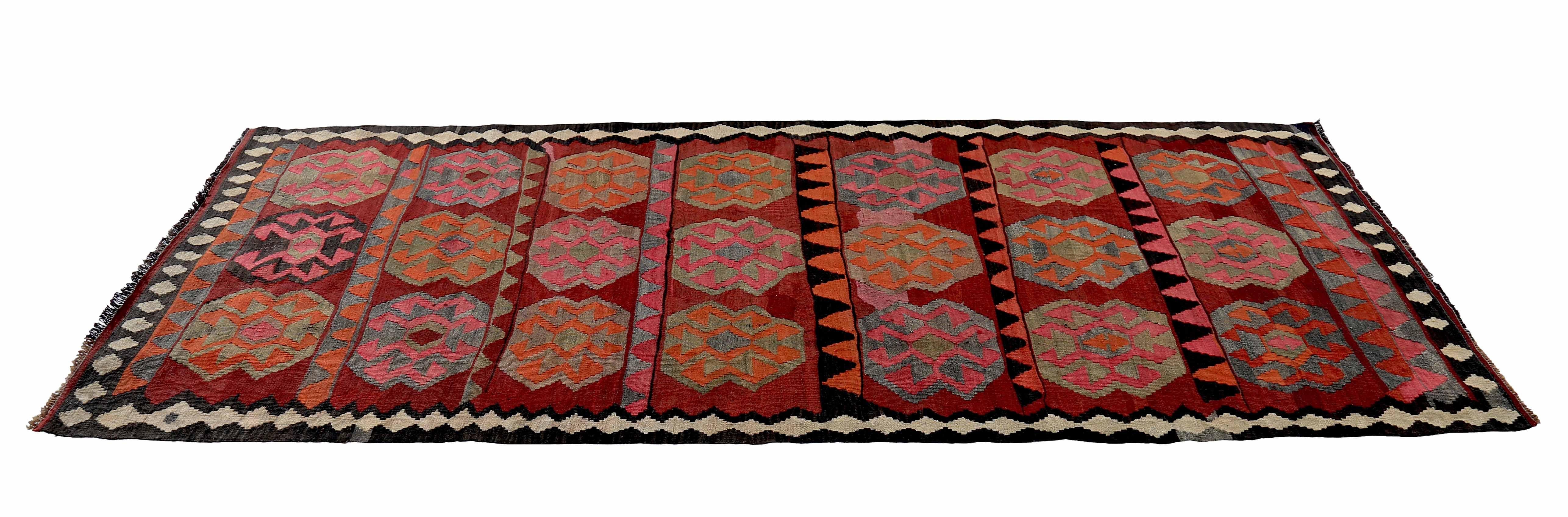 Hand-Woven Modern Turkish Kilim Runner Rug with Orange and Pink Tribal Medallions For Sale