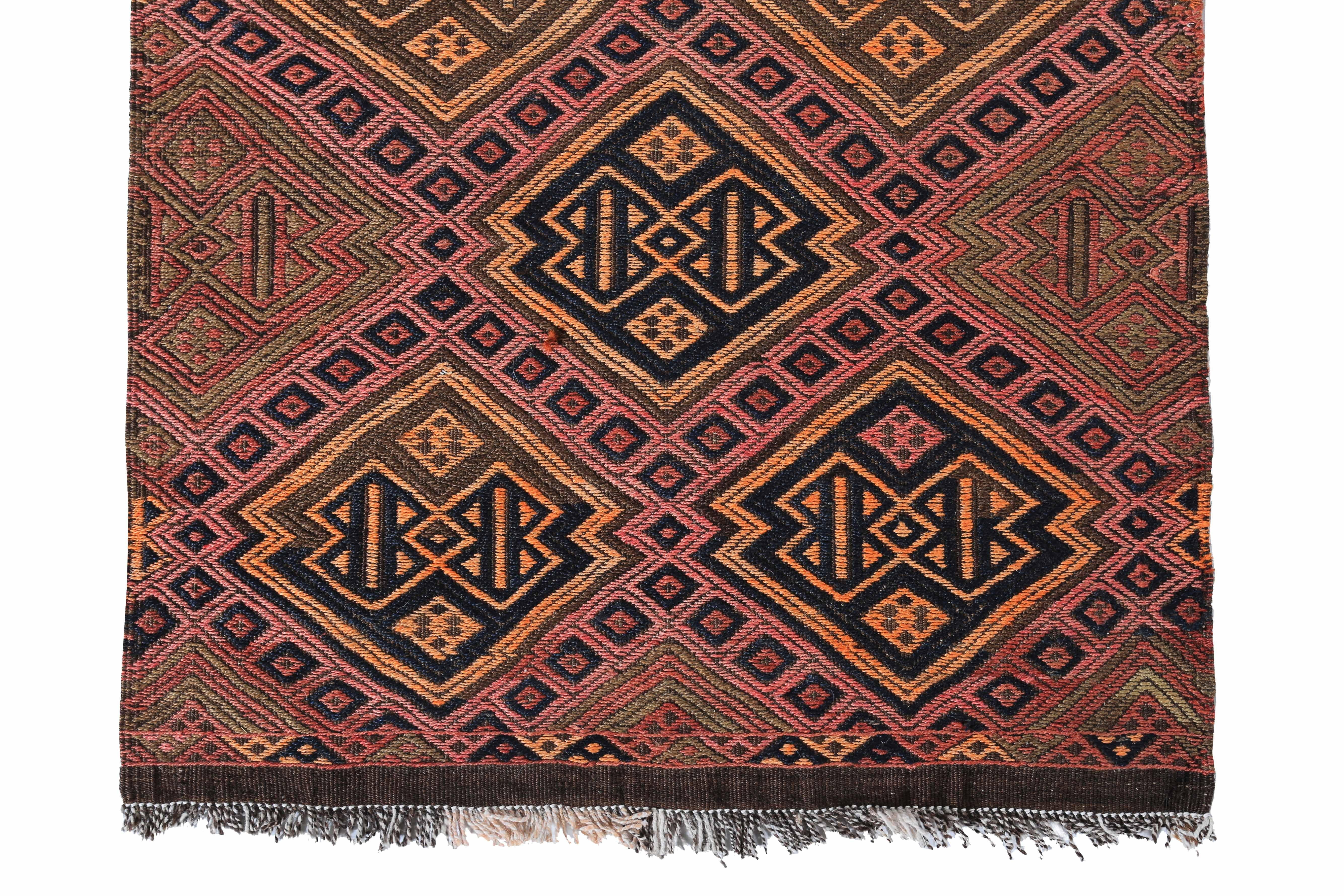 Modern Turkish Kilim Runner Rug with Orange and Pink Tribal Medallions In New Condition For Sale In Dallas, TX