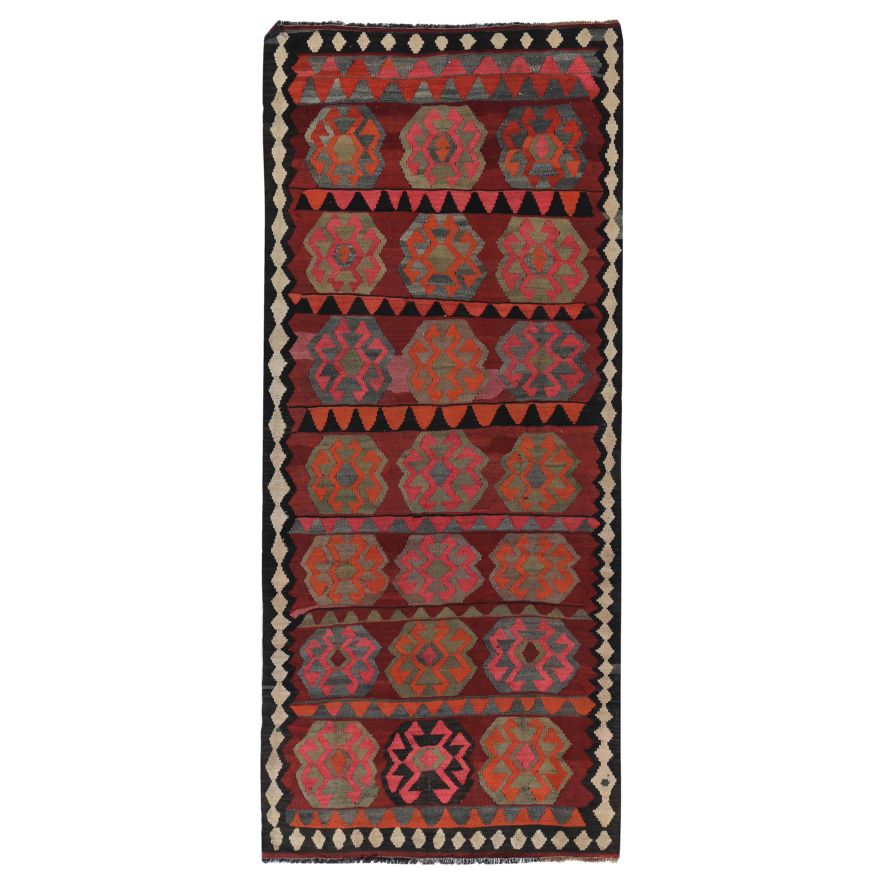 Tapis de couloir Kilim turc moderne avec médaillons tribaux orange et rose