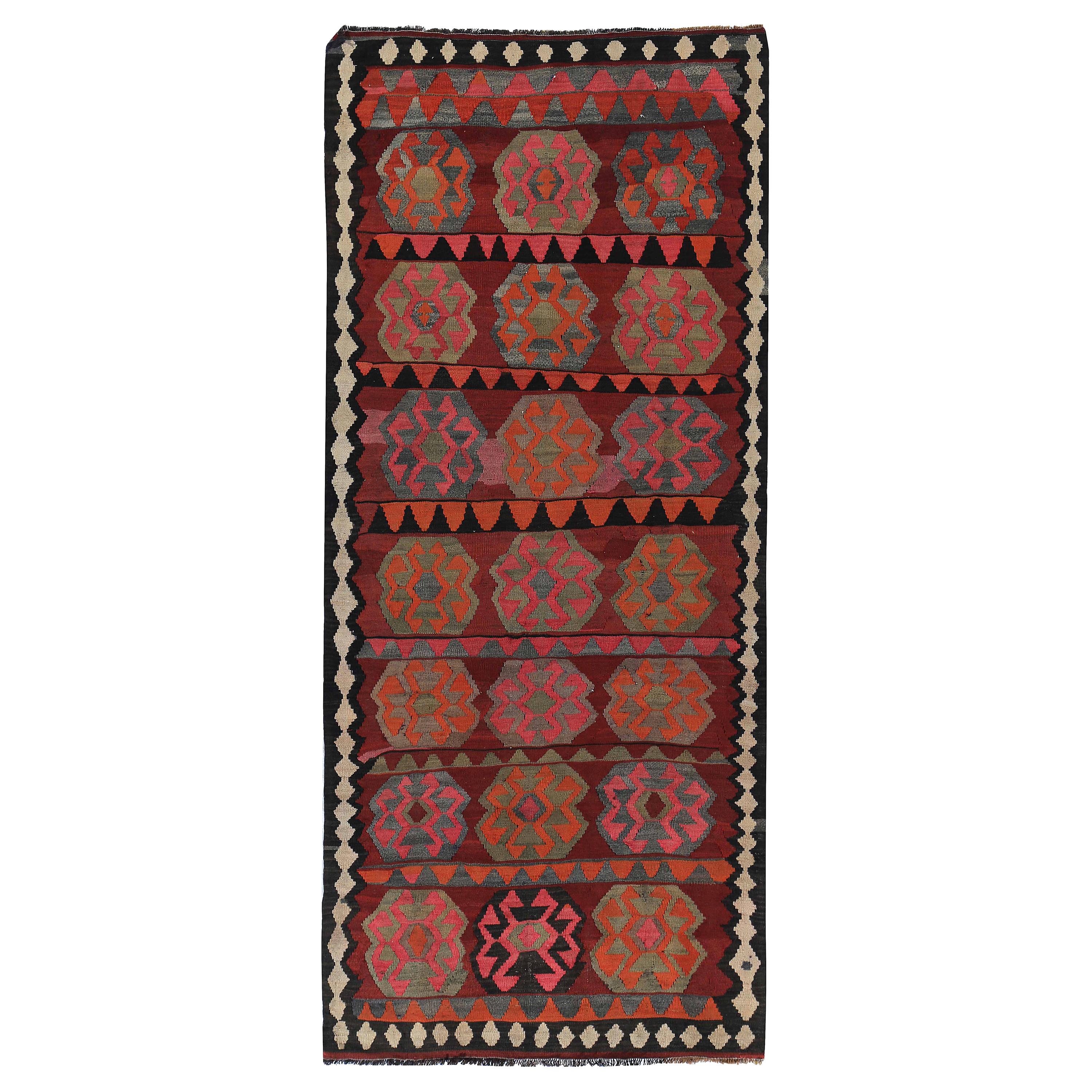 Modern Turkish Kilim Runner Rug with Orange and Pink Tribal Medallions