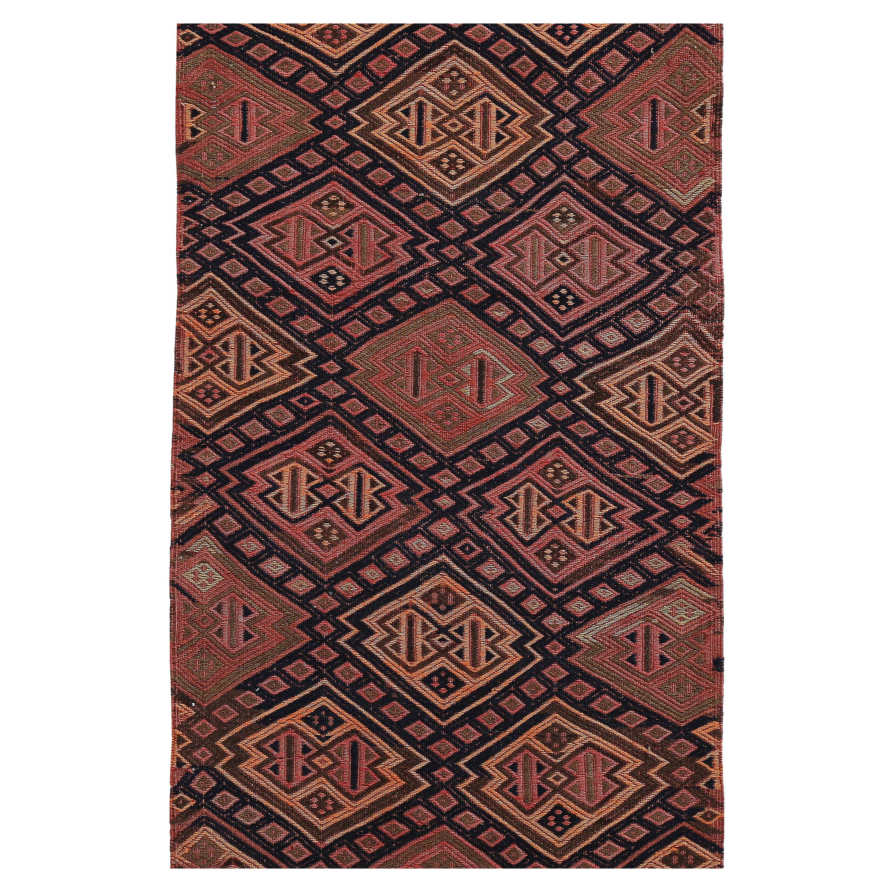 Tapis de couloir Kilim turc moderne avec médaillons tribaux orange et rose