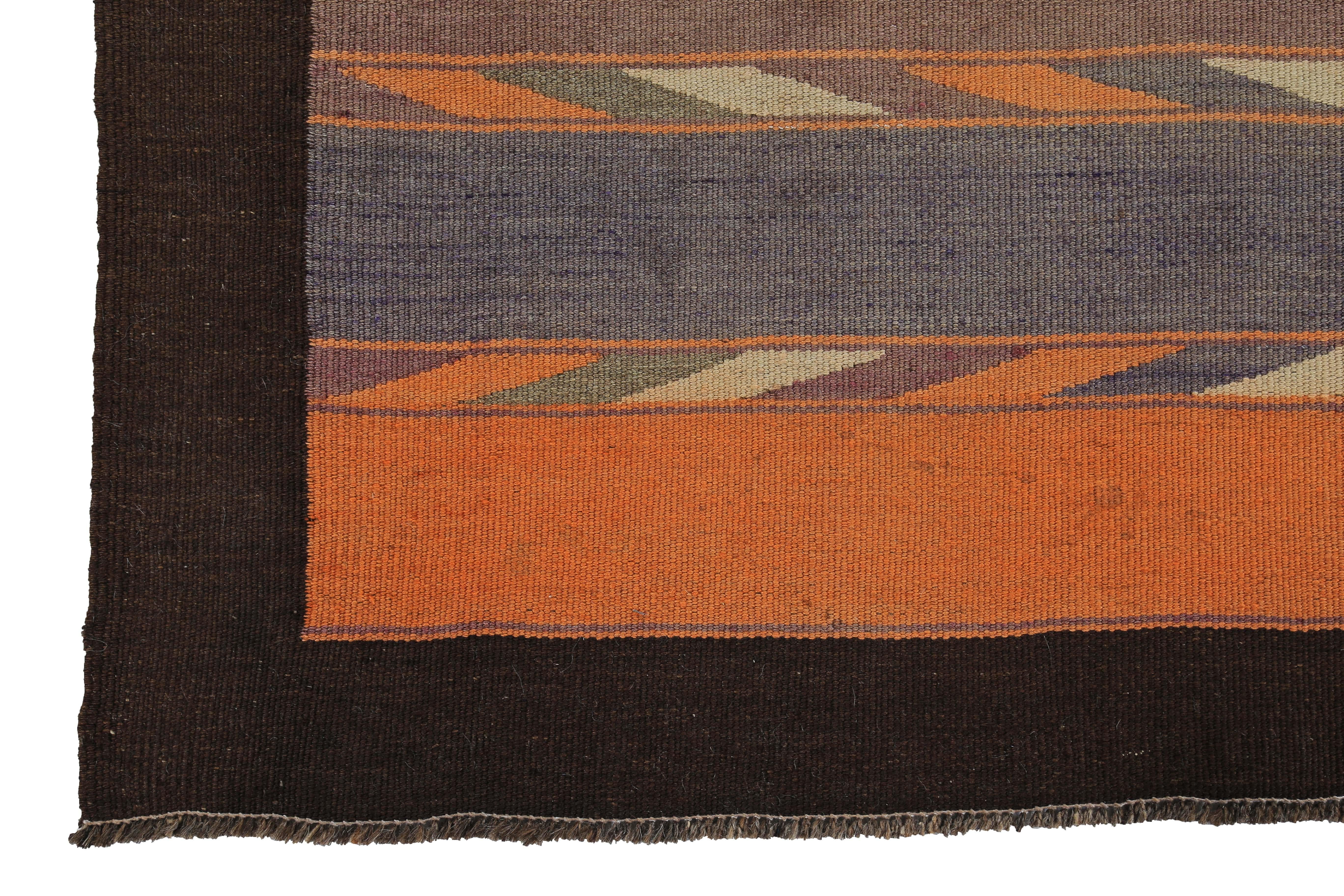 Hand-Woven Modern Turkish Kilim Runner Rug with Orange, Purple and Brown Tribal Stripes For Sale