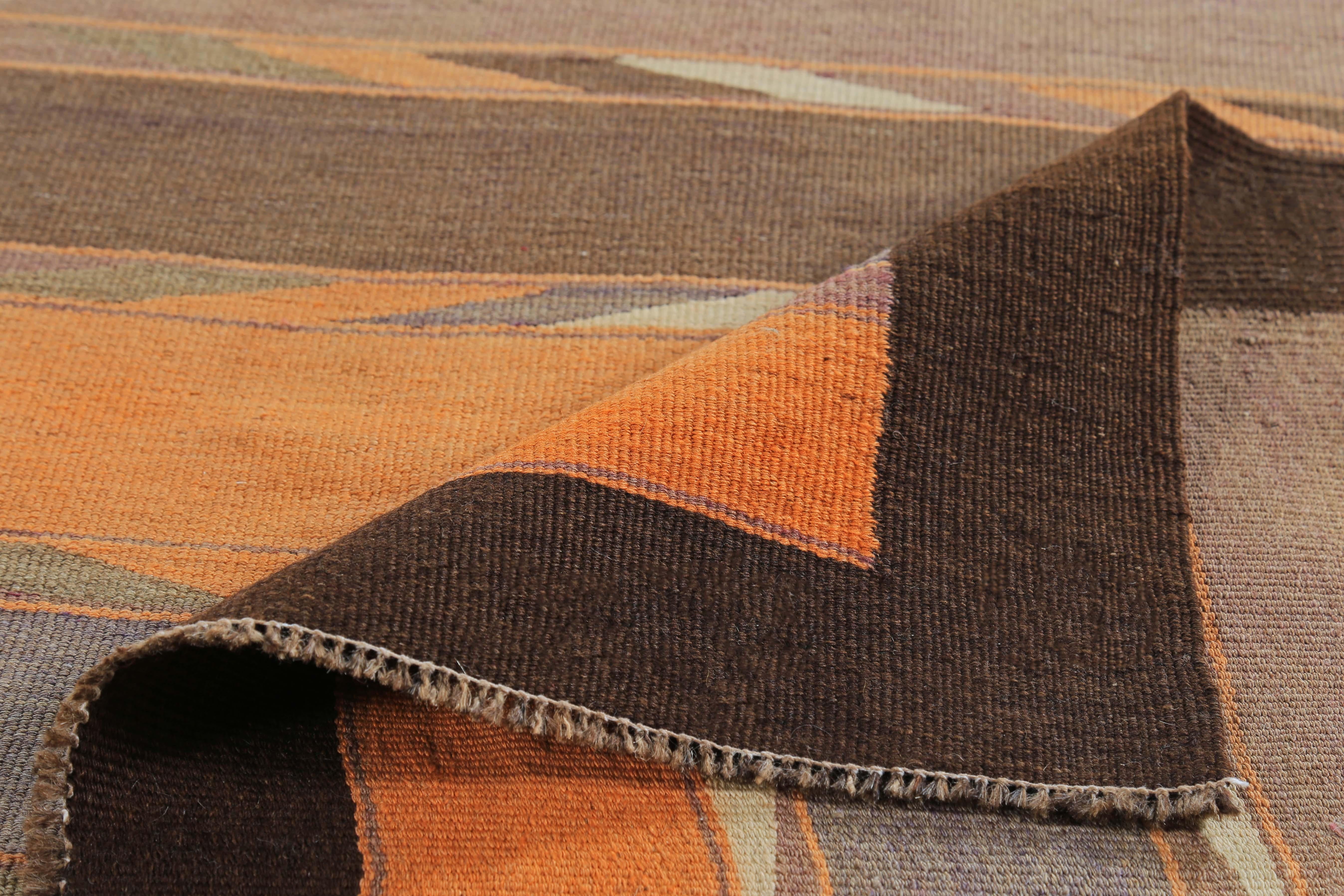 Modern Turkish Kilim Runner Rug with Orange, Purple and Brown Tribal Stripes In New Condition For Sale In Dallas, TX