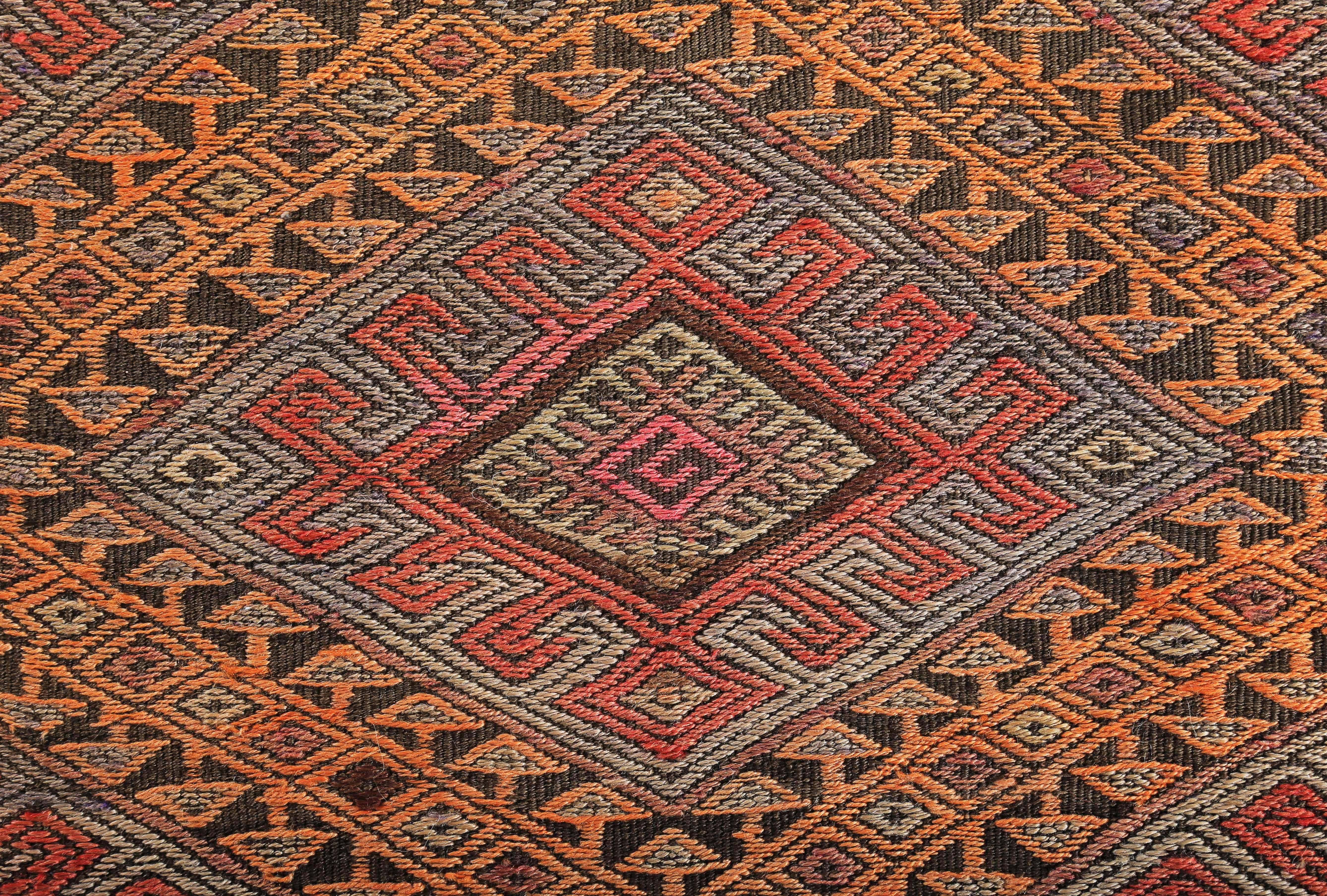 20th Century Modern Turkish Kilim Runner Rug with Orange and Red Tribal Patterns