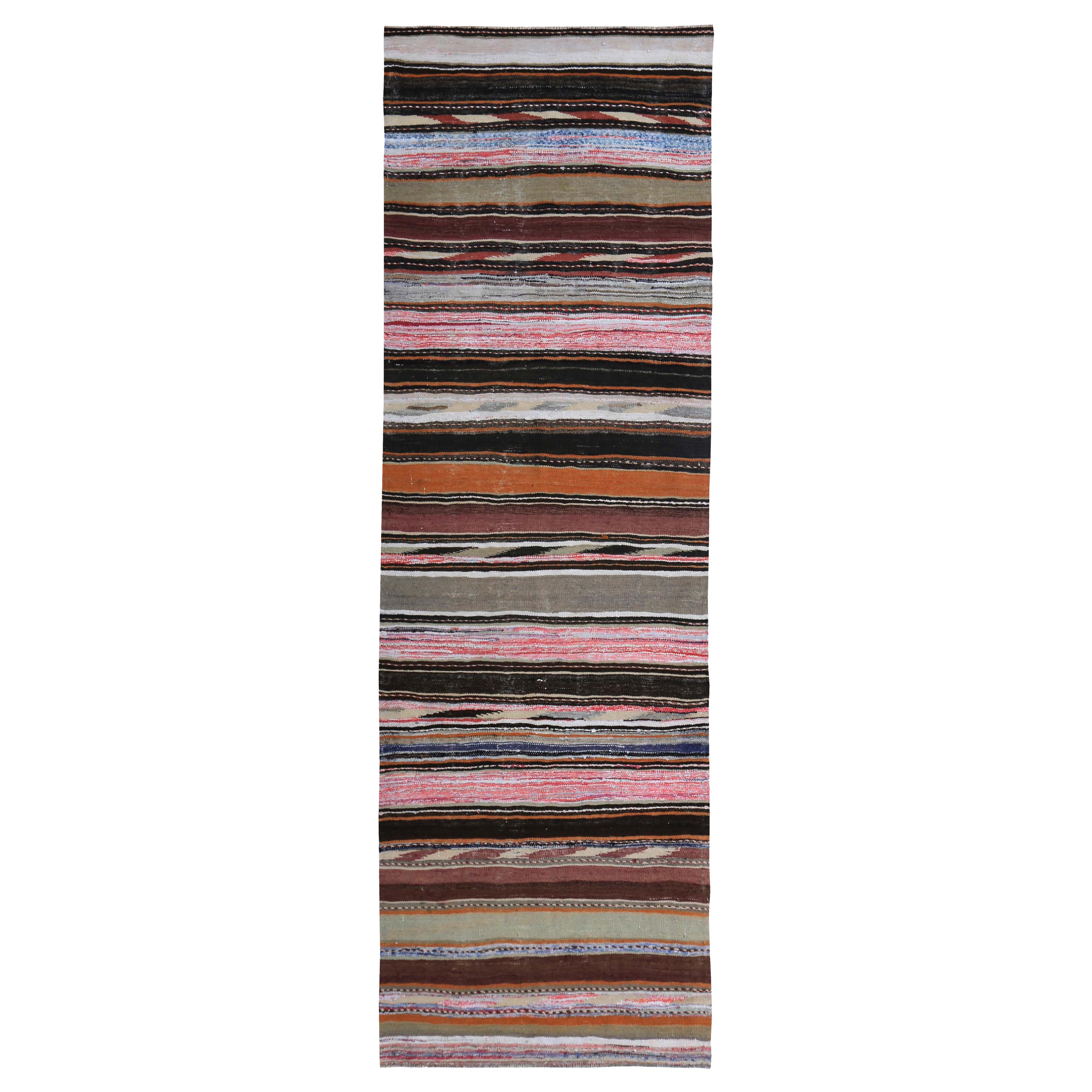 Modern Turkish Kilim Runner Rug with Pink, Orange and Black Stripes For Sale