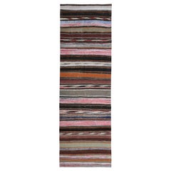 Alfombra turca moderna Kilim con rayas rosas, naranjas y negras