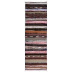 Modern Turkish Kilim Runner Rug with Pink, Orange and Black Stripes