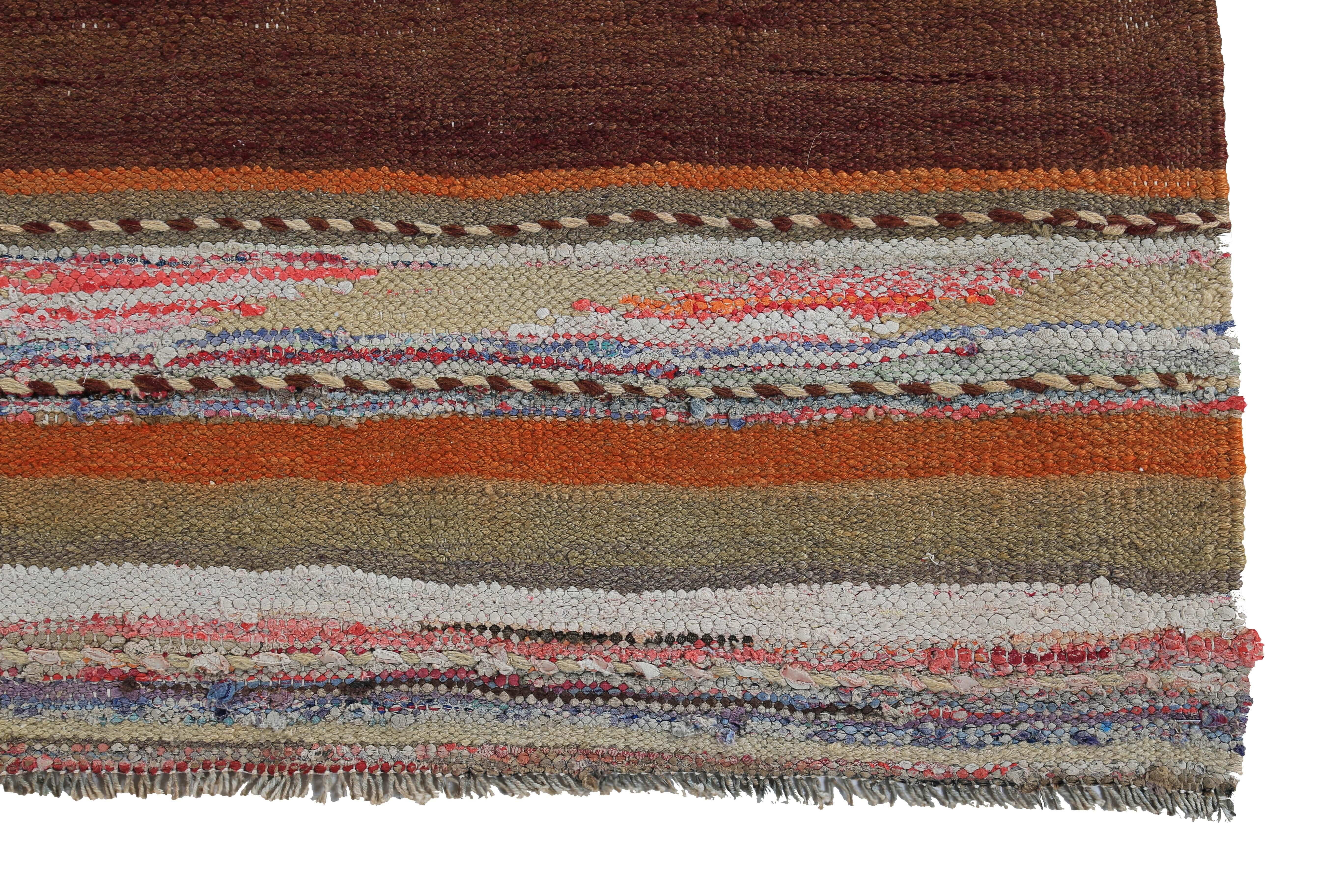 Hand-Woven Modern Turkish Kilim Runner Rug with Pink, Orange and Black Stripes For Sale