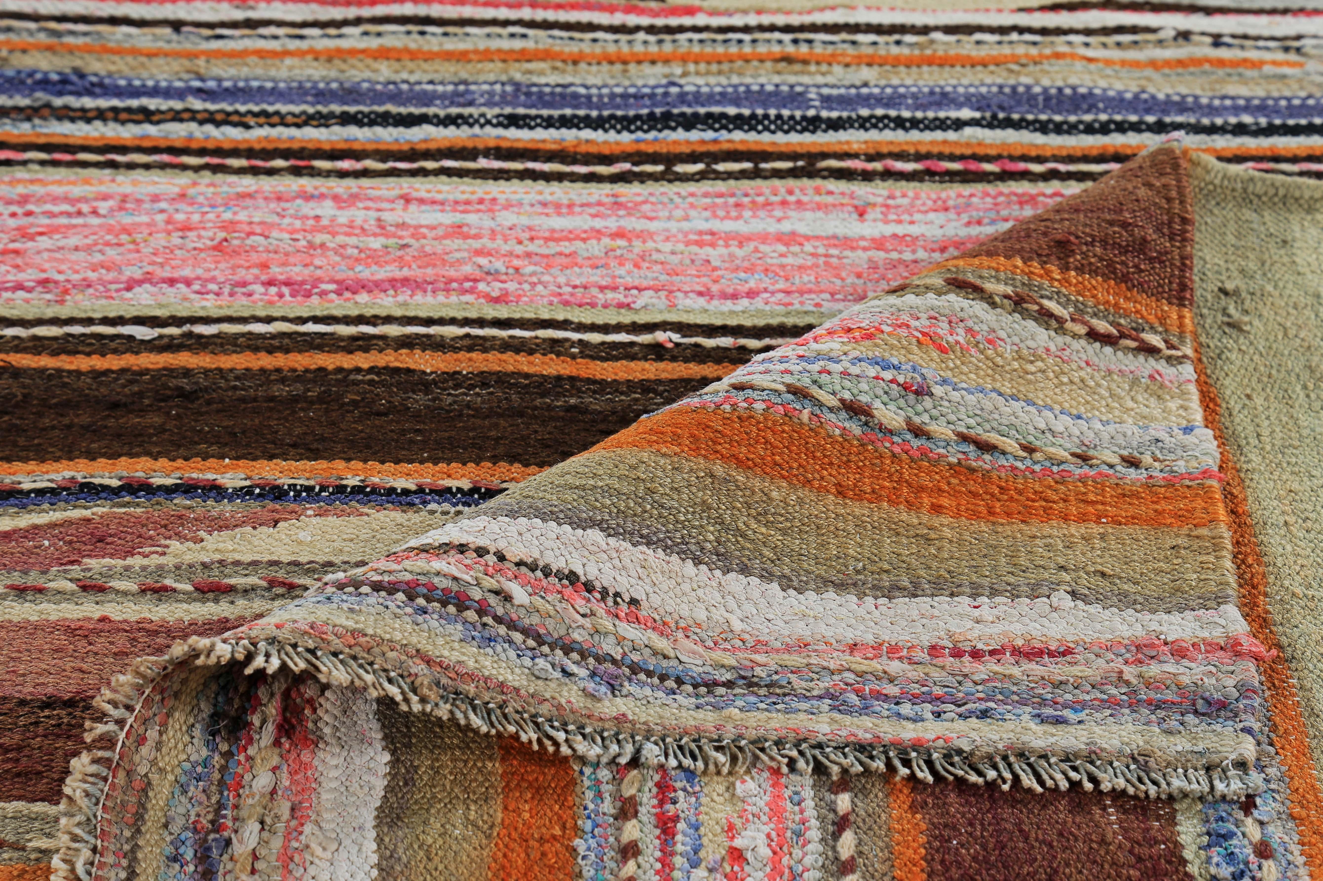 Contemporary Modern Turkish Kilim Runner Rug with Pink, Orange and Black Stripes For Sale