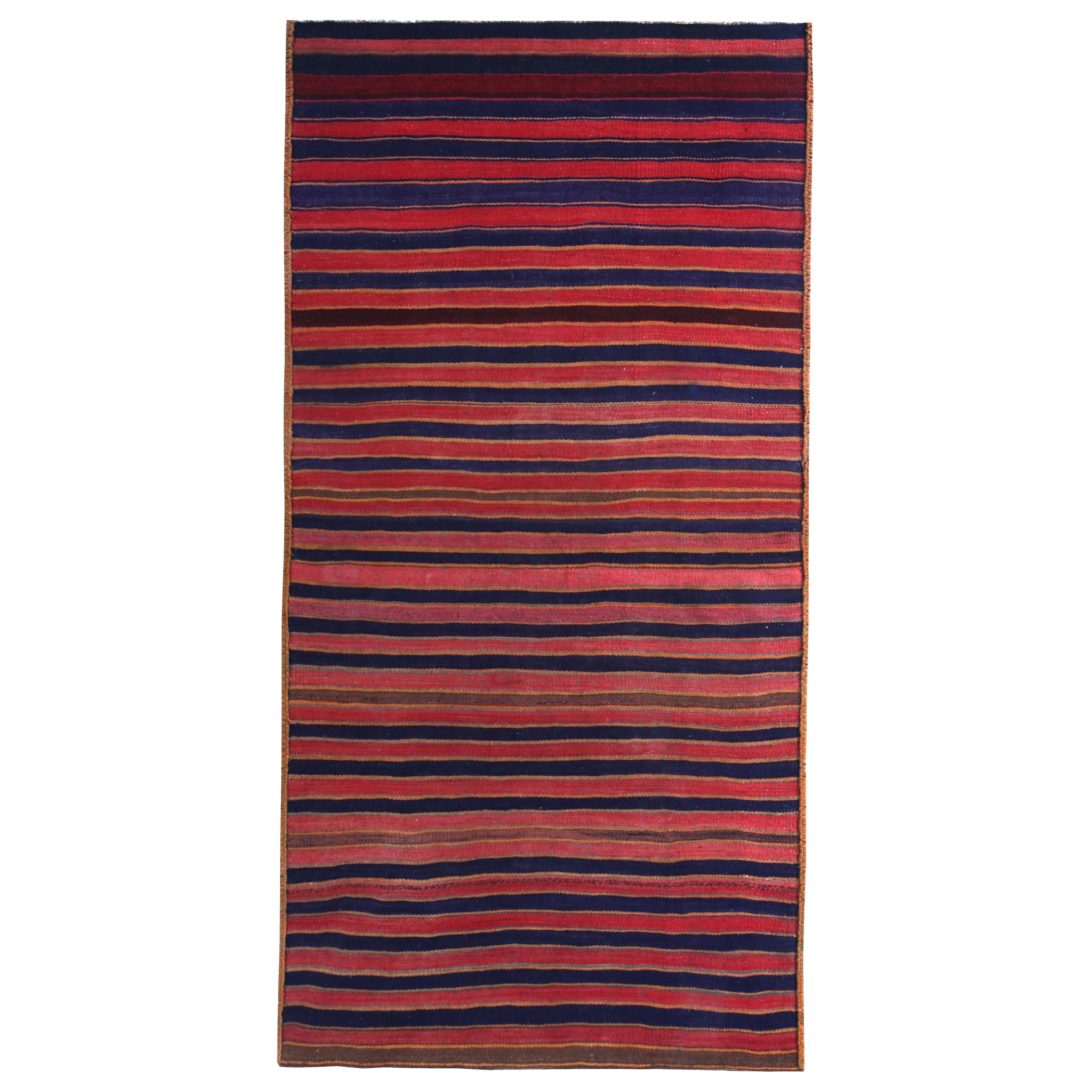 Modern Turkish Kilim Runner Rug with Red and Blue Stripes on a Brown Field For Sale