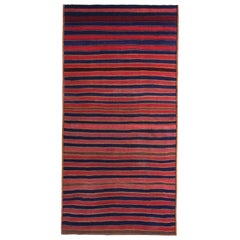 Modern Turkish Kilim Runner Rug with Red and Blue Stripes on a Brown Field