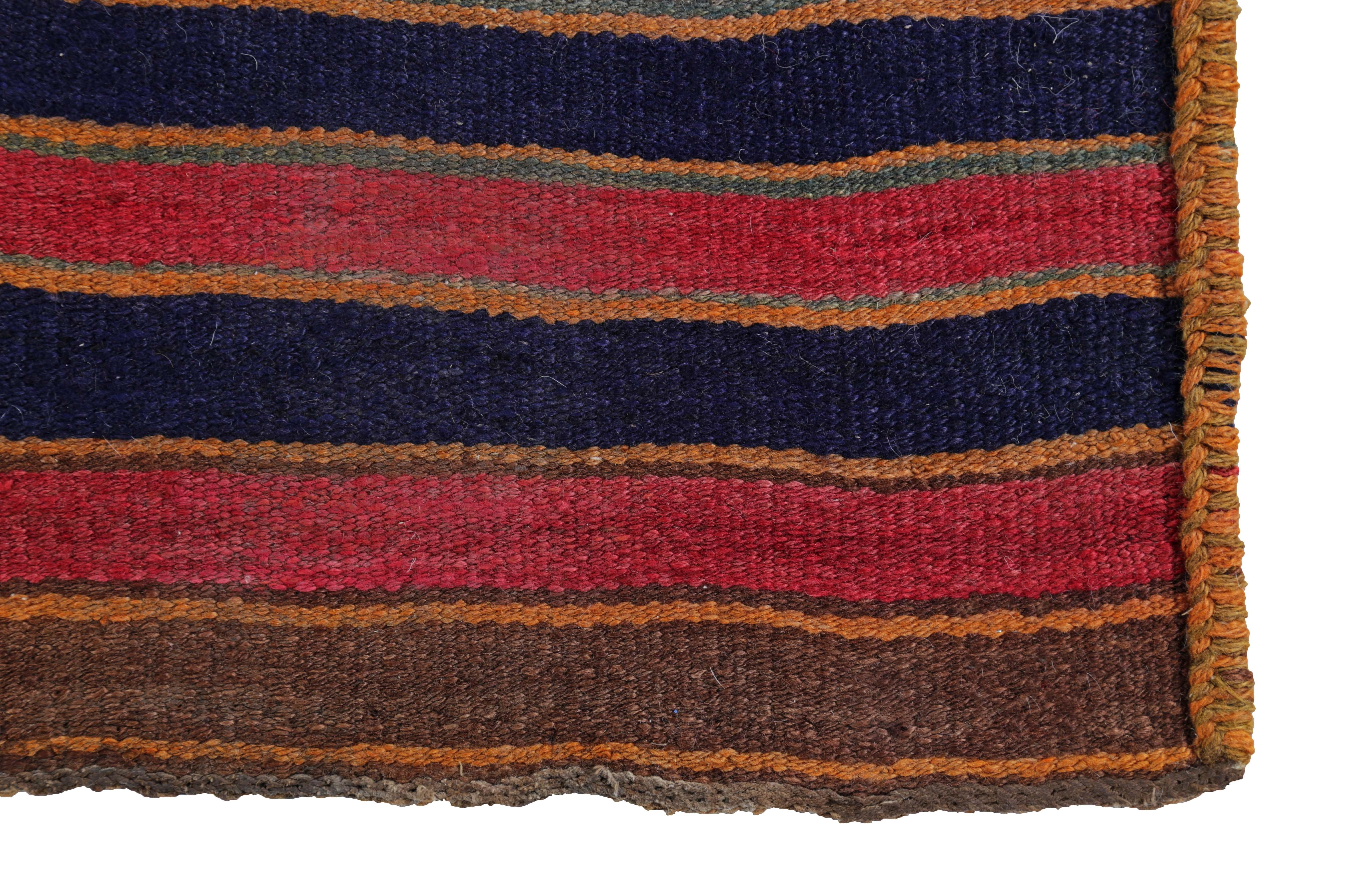 Hand-Woven Modern Turkish Kilim Runner Rug with Red and Blue Stripes on a Brown Field For Sale