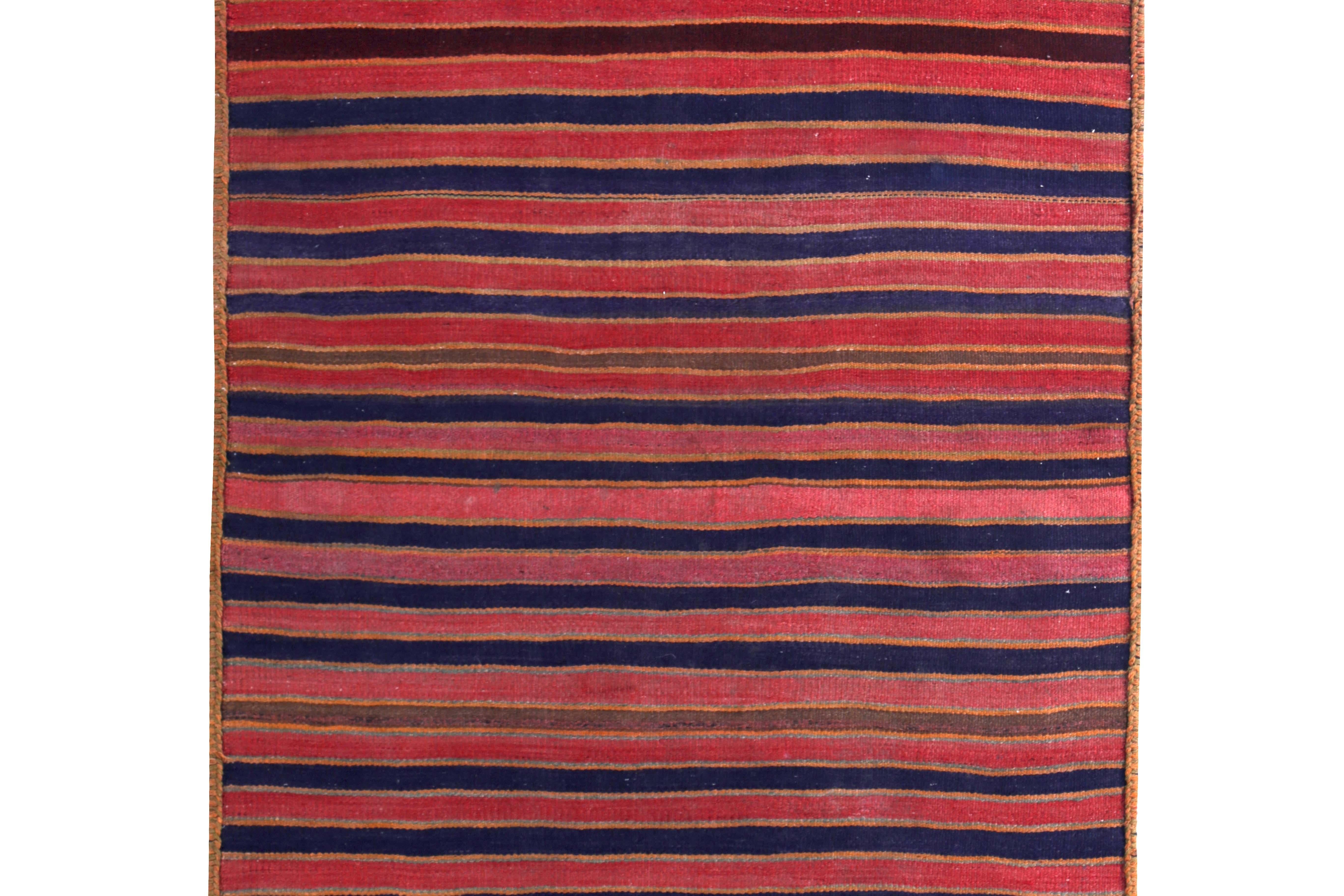 Modern Turkish Kilim Runner Rug with Red and Blue Stripes on a Brown Field In New Condition For Sale In Dallas, TX