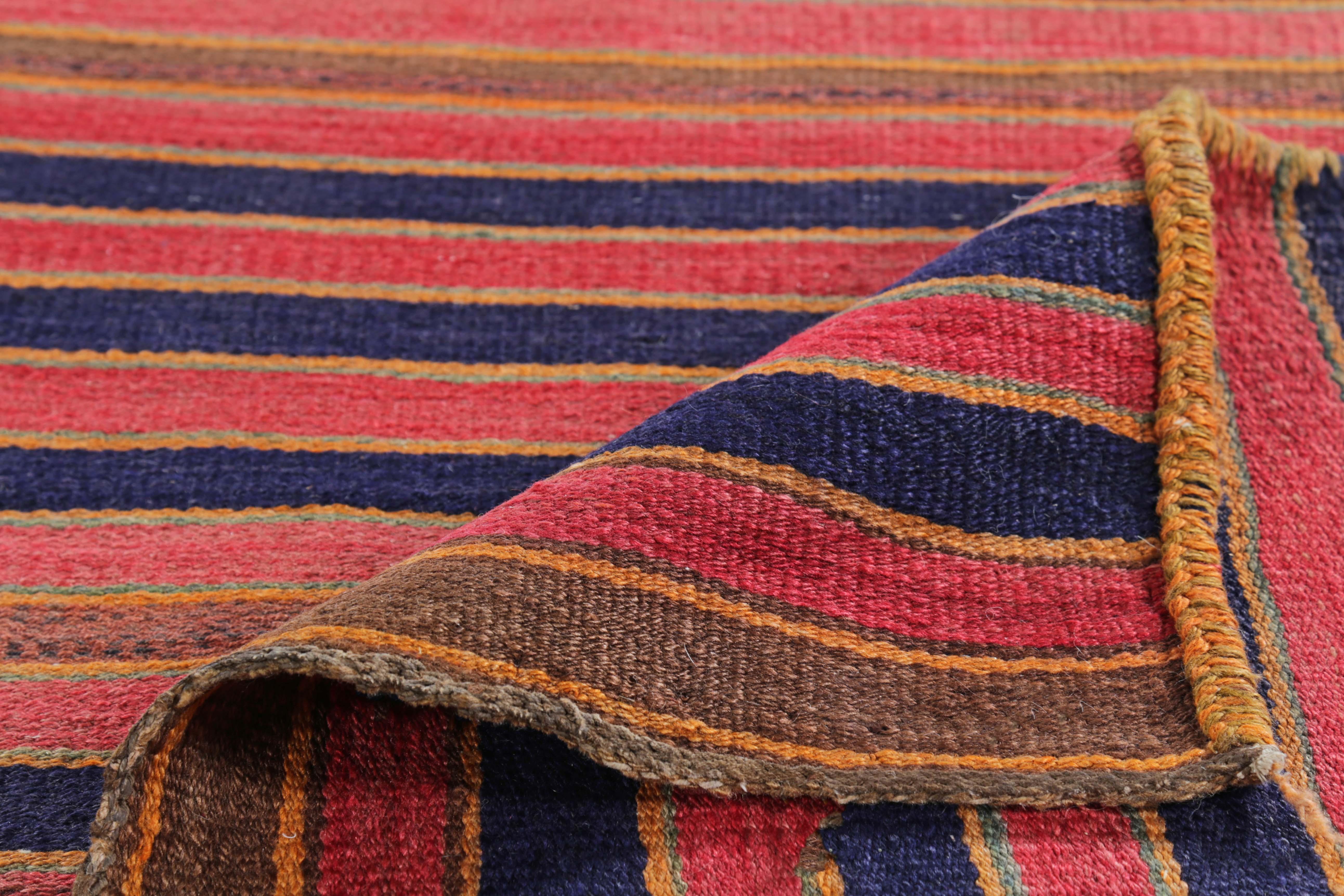 Contemporary Modern Turkish Kilim Runner Rug with Red and Blue Stripes on a Brown Field For Sale
