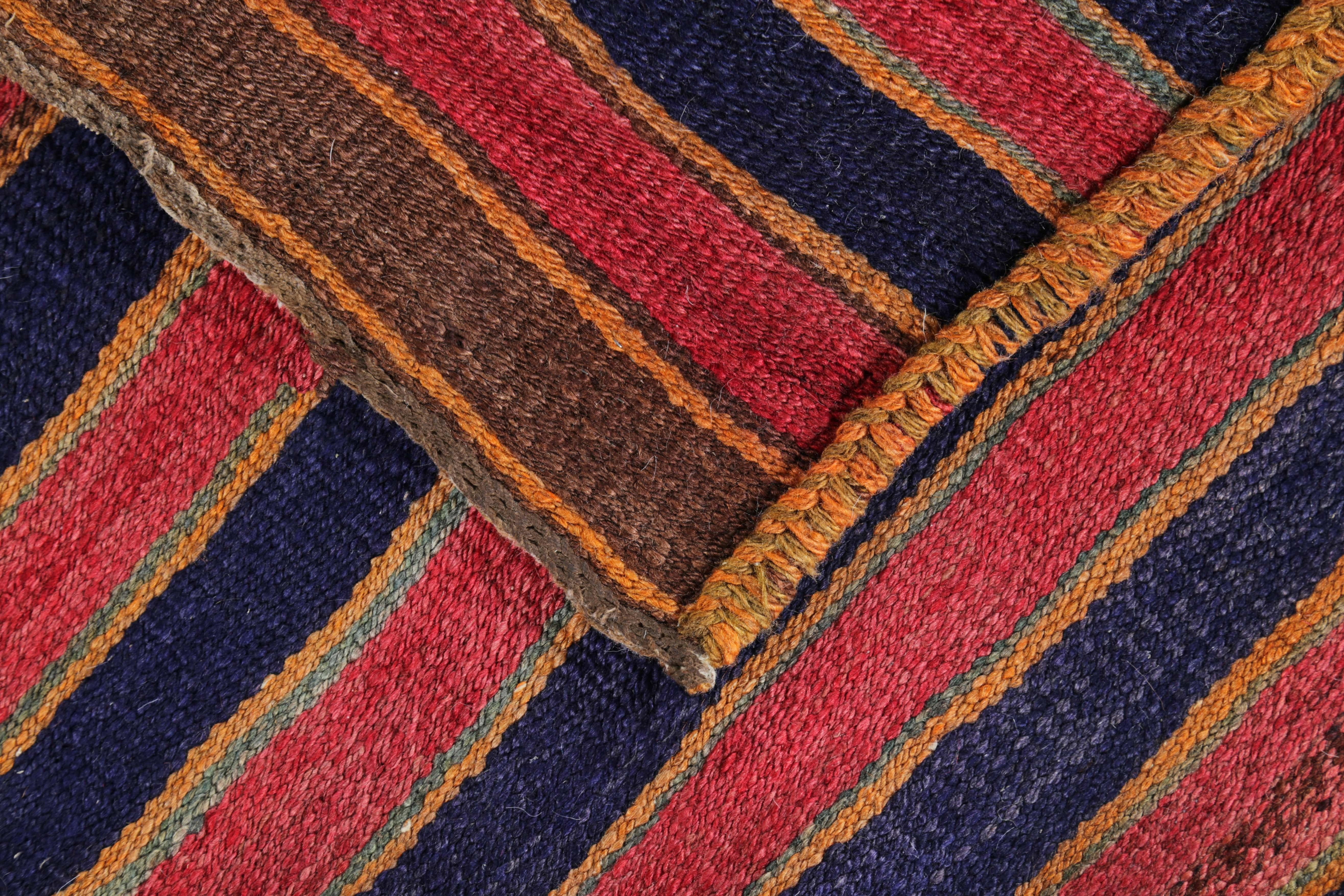 Wool Modern Turkish Kilim Runner Rug with Red and Blue Stripes on a Brown Field For Sale