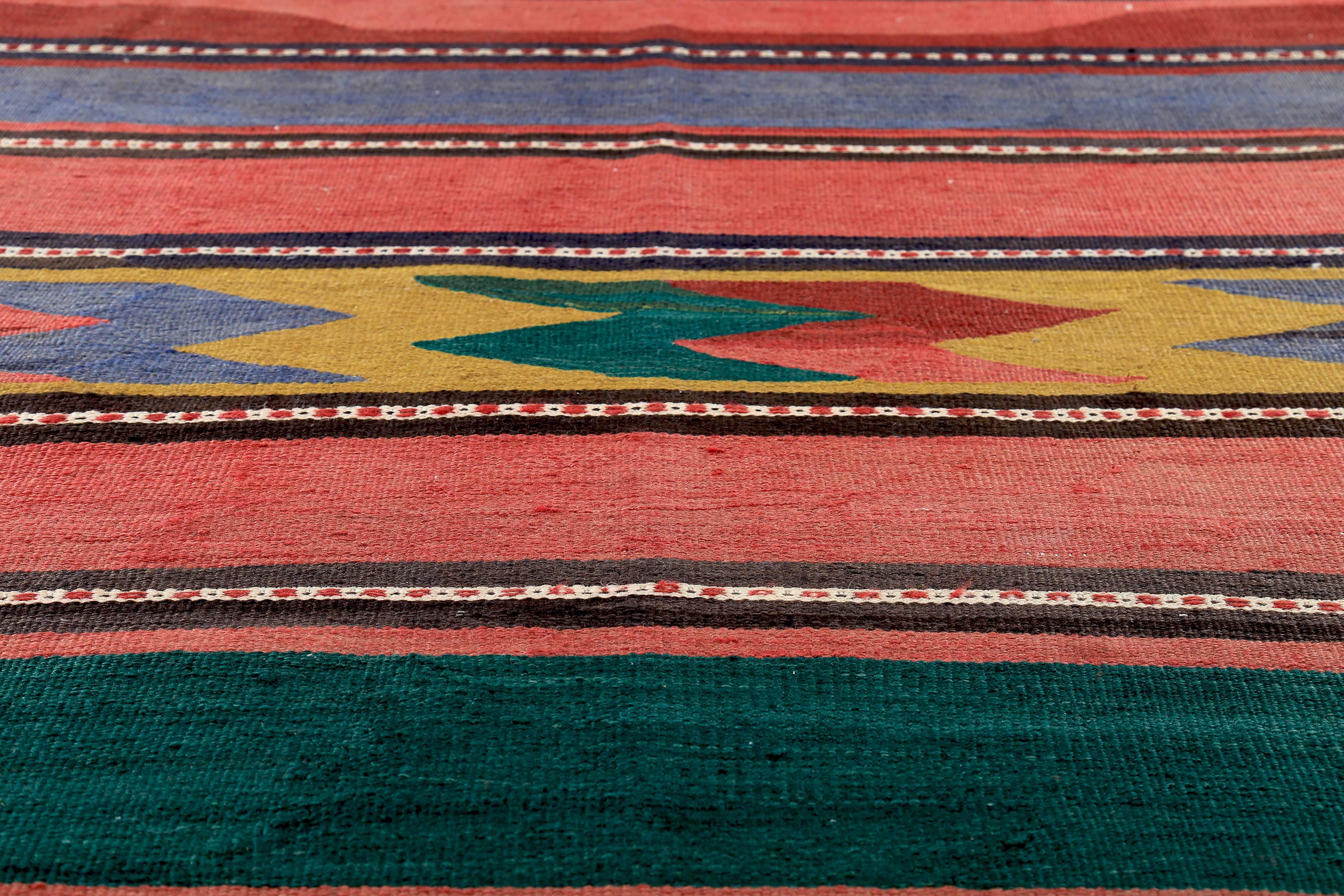 Hand-Woven Modern Turkish Kilim Runner Rug with Red and Green Tribal Patterns For Sale