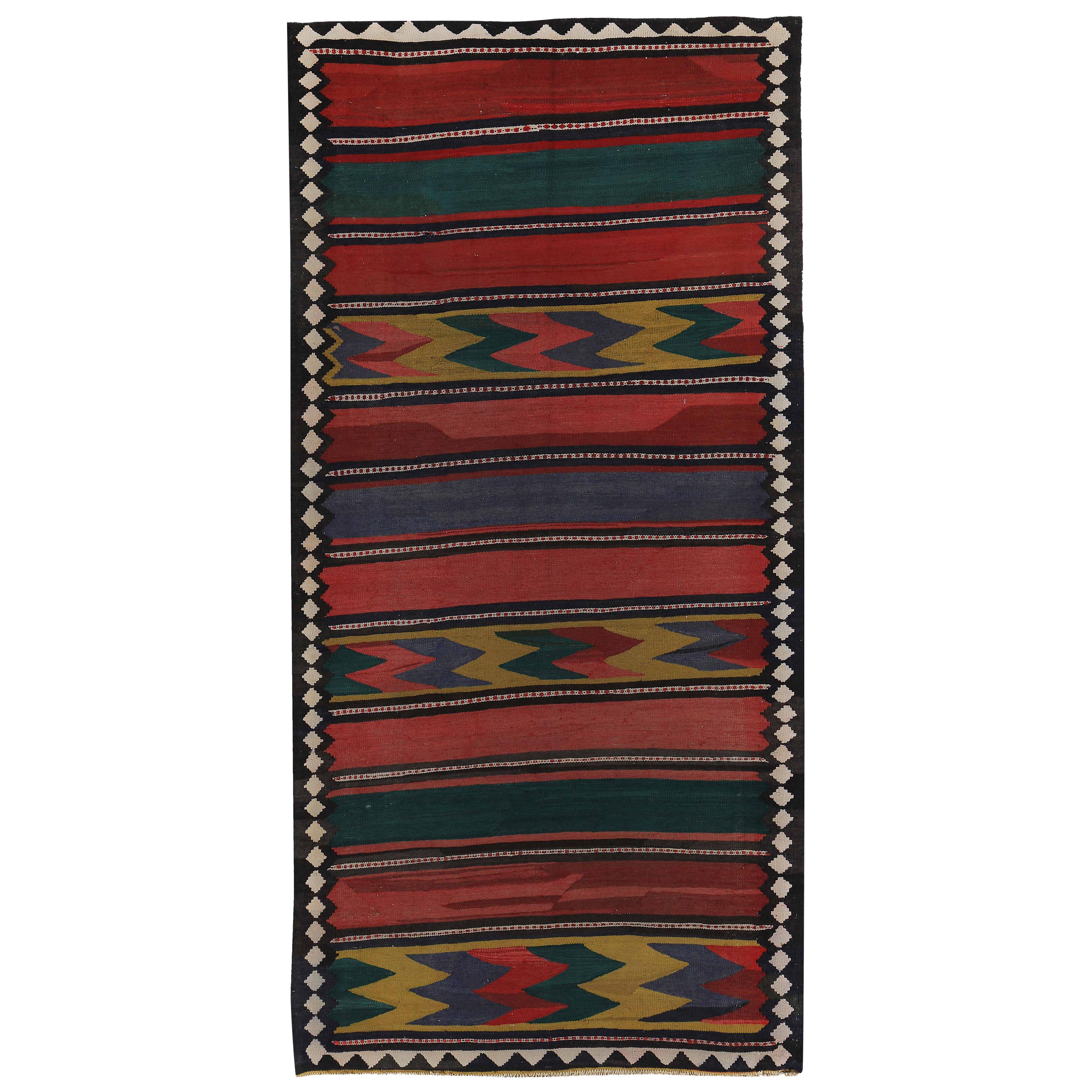 Modern Turkish Kilim Runner Rug with Red and Green Tribal Patterns For Sale
