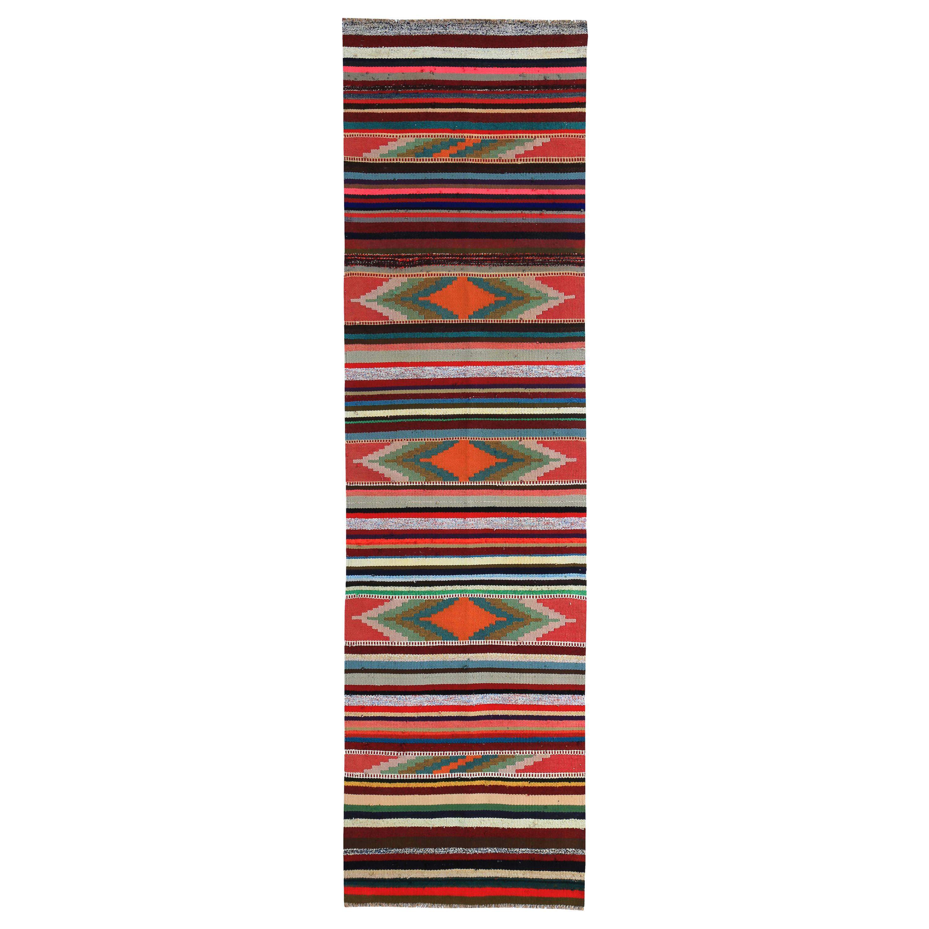 Modern Turkish Kilim Runner Rug with Red, Orange and Black Stripes For Sale