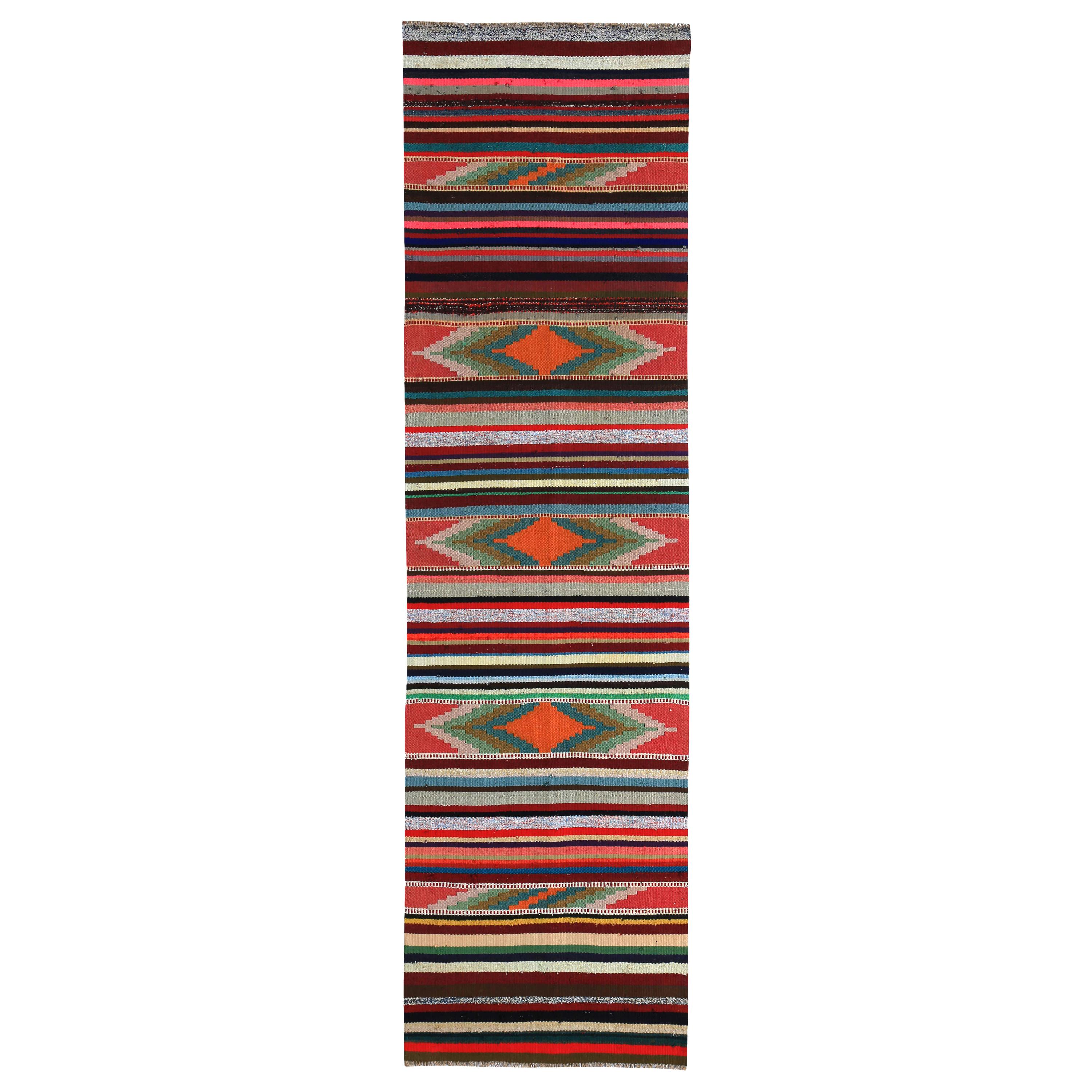 Modern Turkish Kilim Runner Rug with Red, Orange and Black Stripes