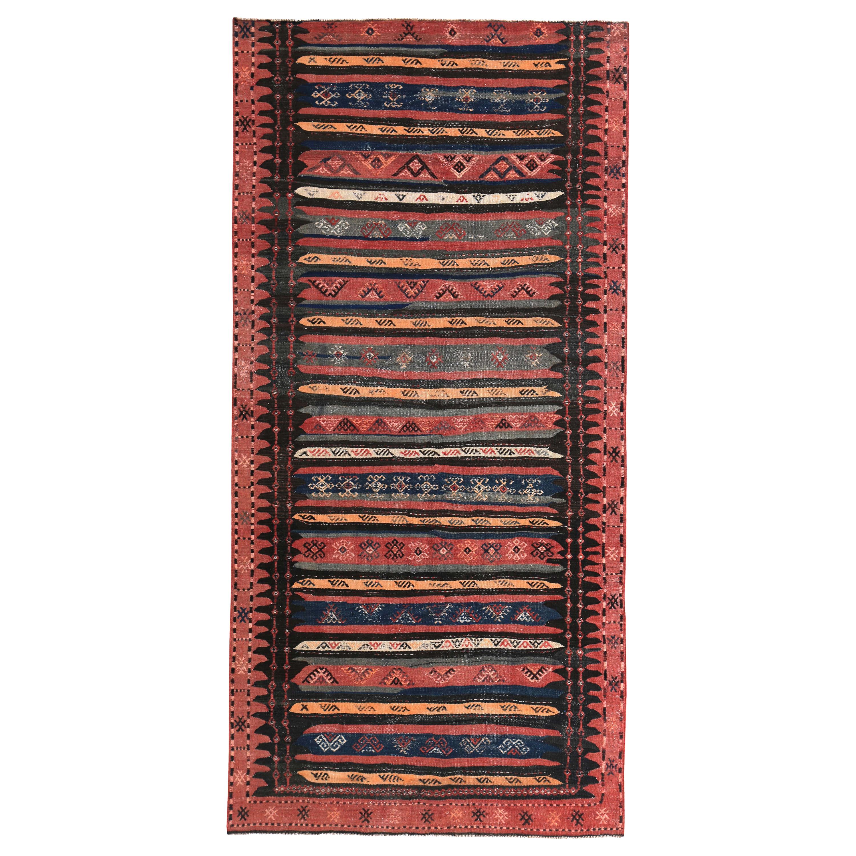 Modern Turkish Kilim Runner Rug with Red, Orange and Brown Tribal Stripes For Sale