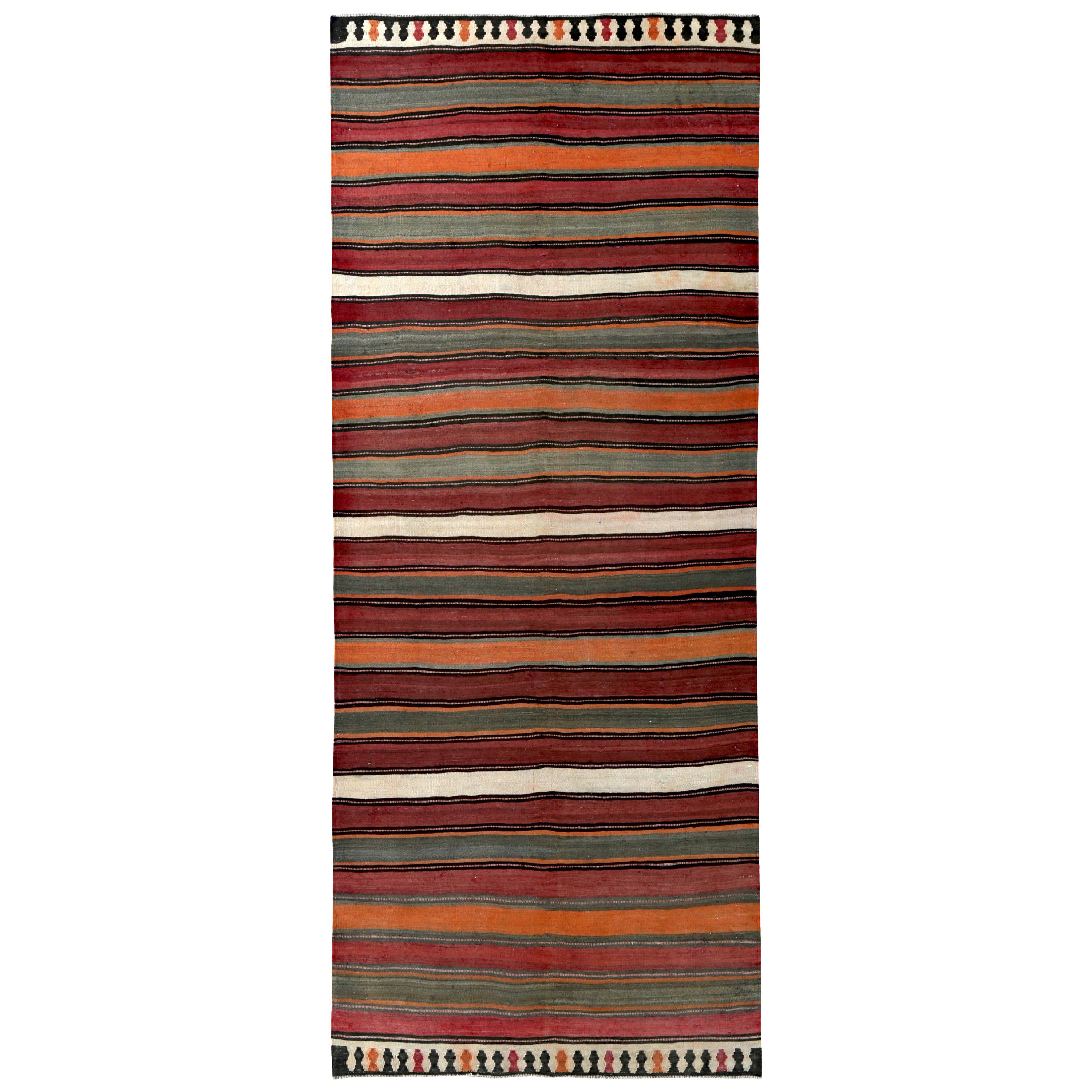 Modern Turkish Kilim Runner Rug with Red, Orange and Ivory Stripes Pattern For Sale