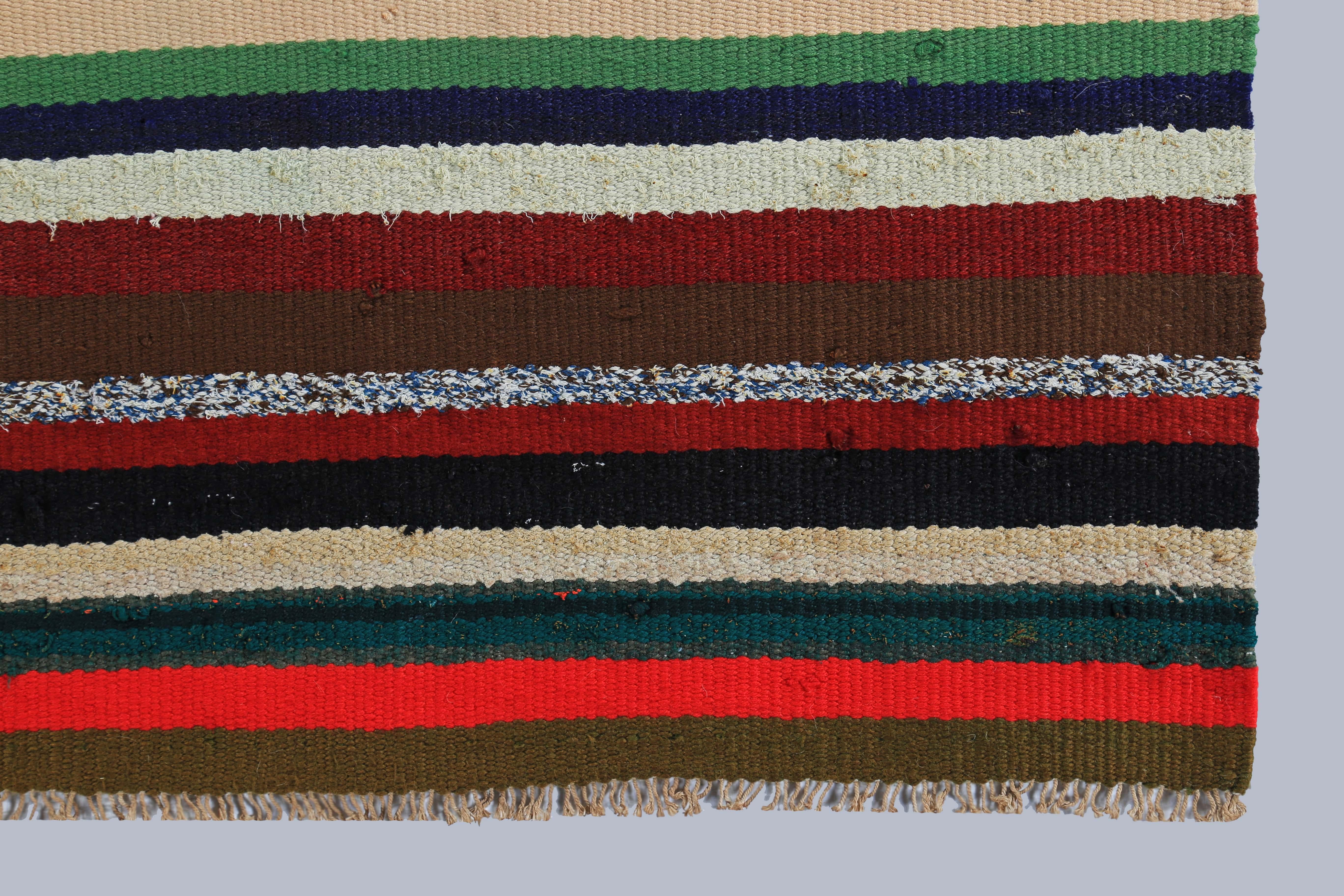 Hand-Woven Modern Turkish Kilim Runner Rug with Red, Orange and Black Stripes For Sale