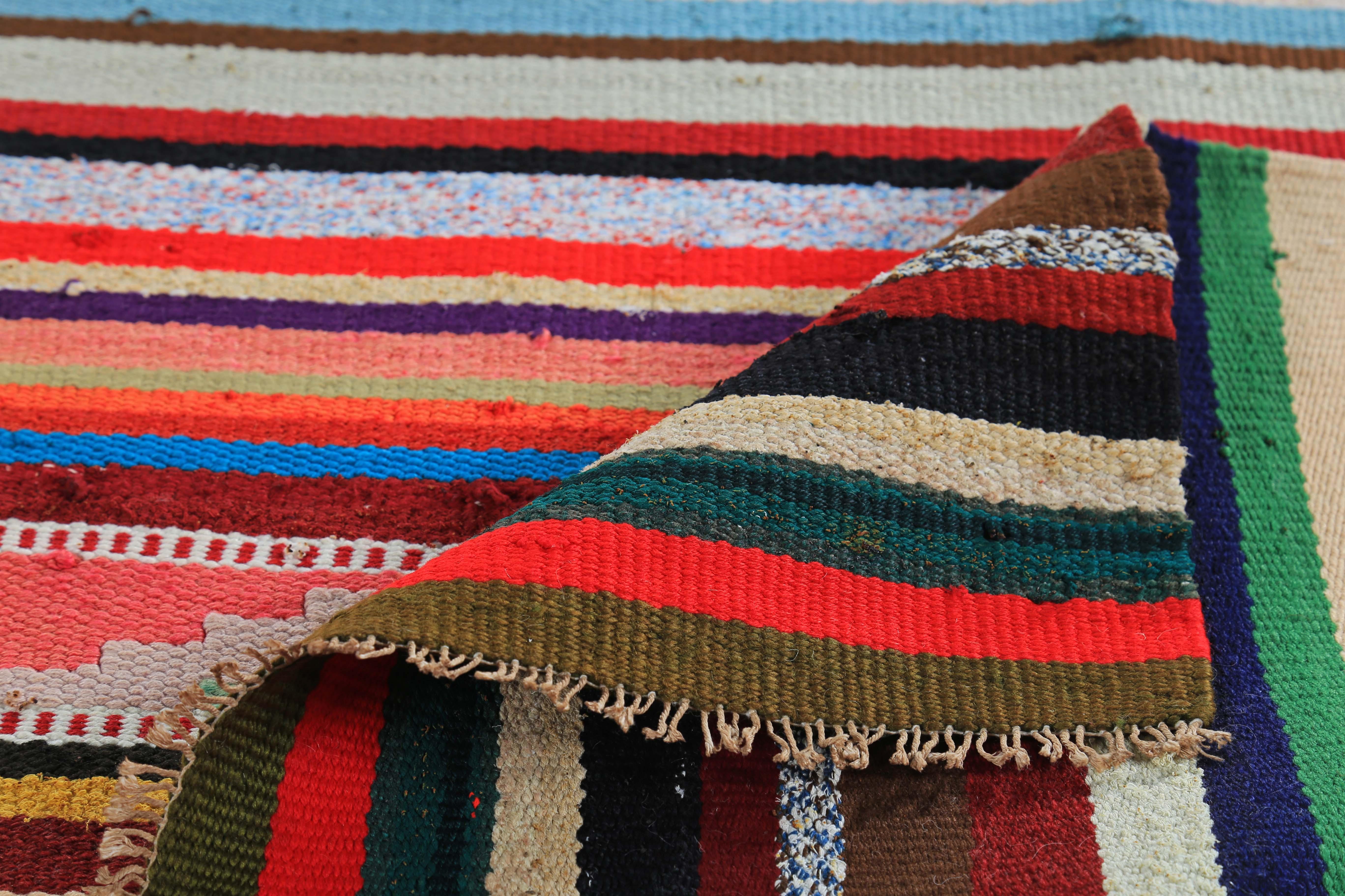 20th Century Modern Turkish Kilim Runner Rug with Red, Orange and Black Stripes For Sale