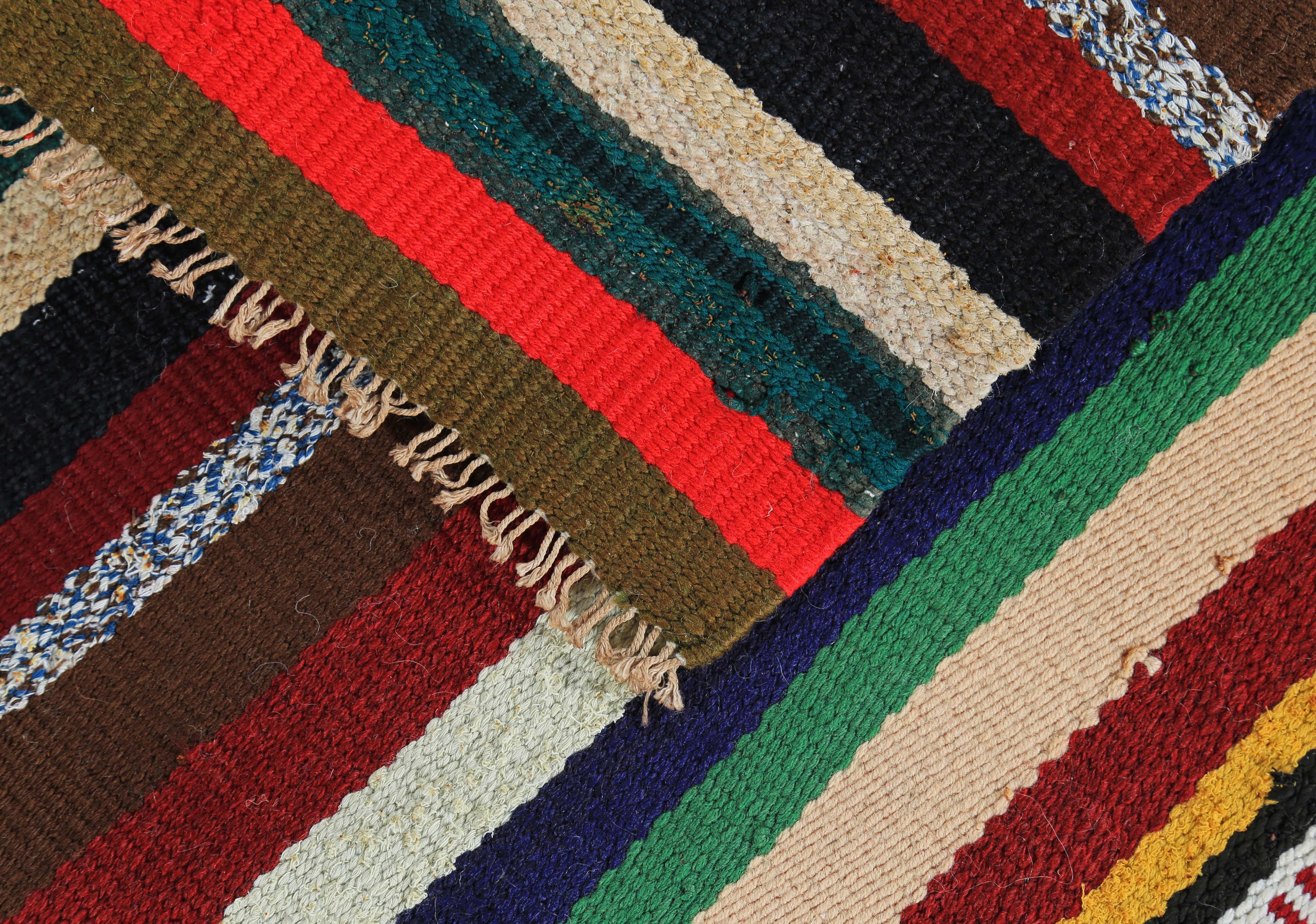 Wool Modern Turkish Kilim Runner Rug with Red, Orange and Black Stripes For Sale