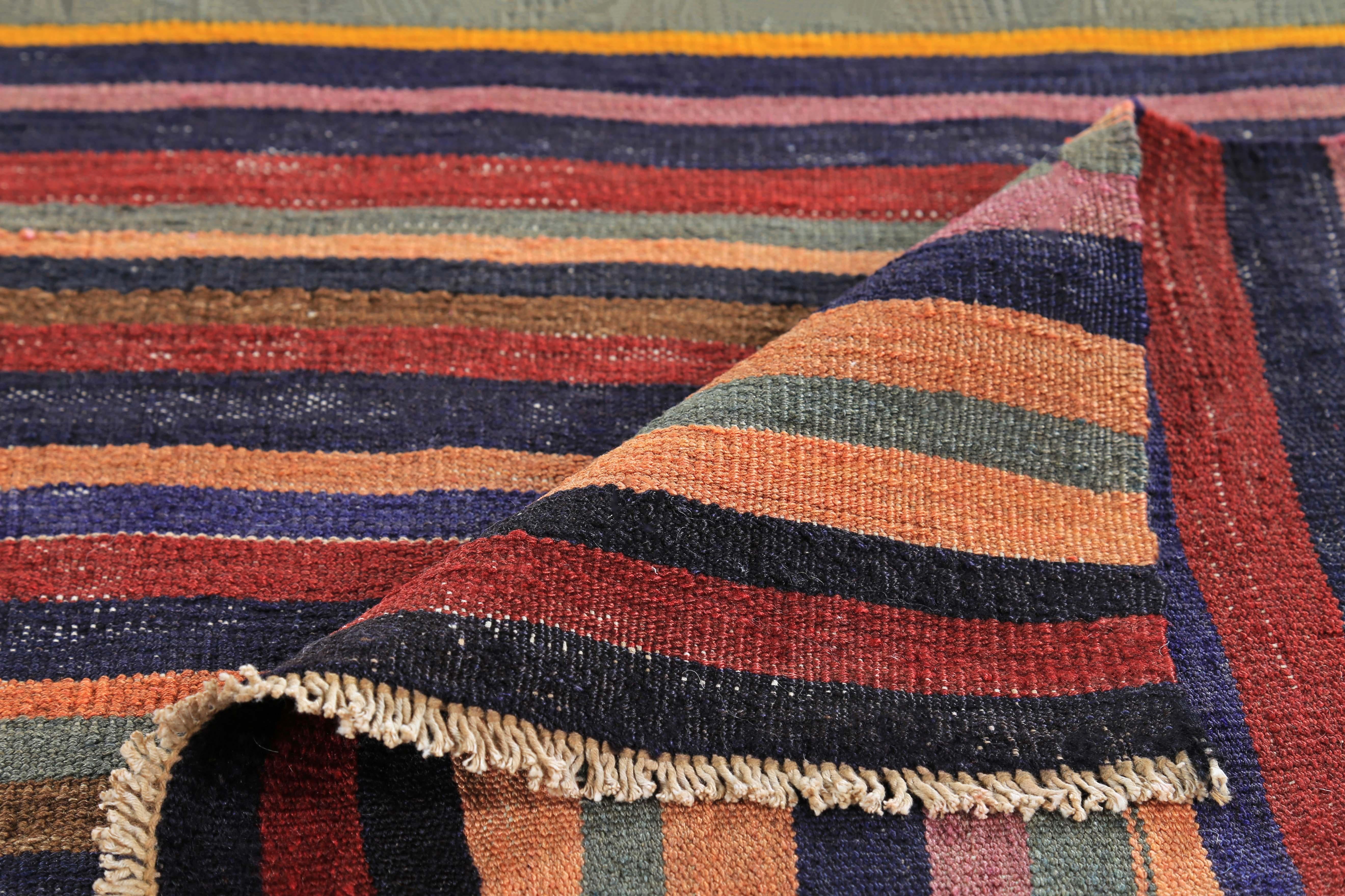 Modern Turkish Kilim Runner Rug with Red, Orange and Blue Stripes In New Condition For Sale In Dallas, TX