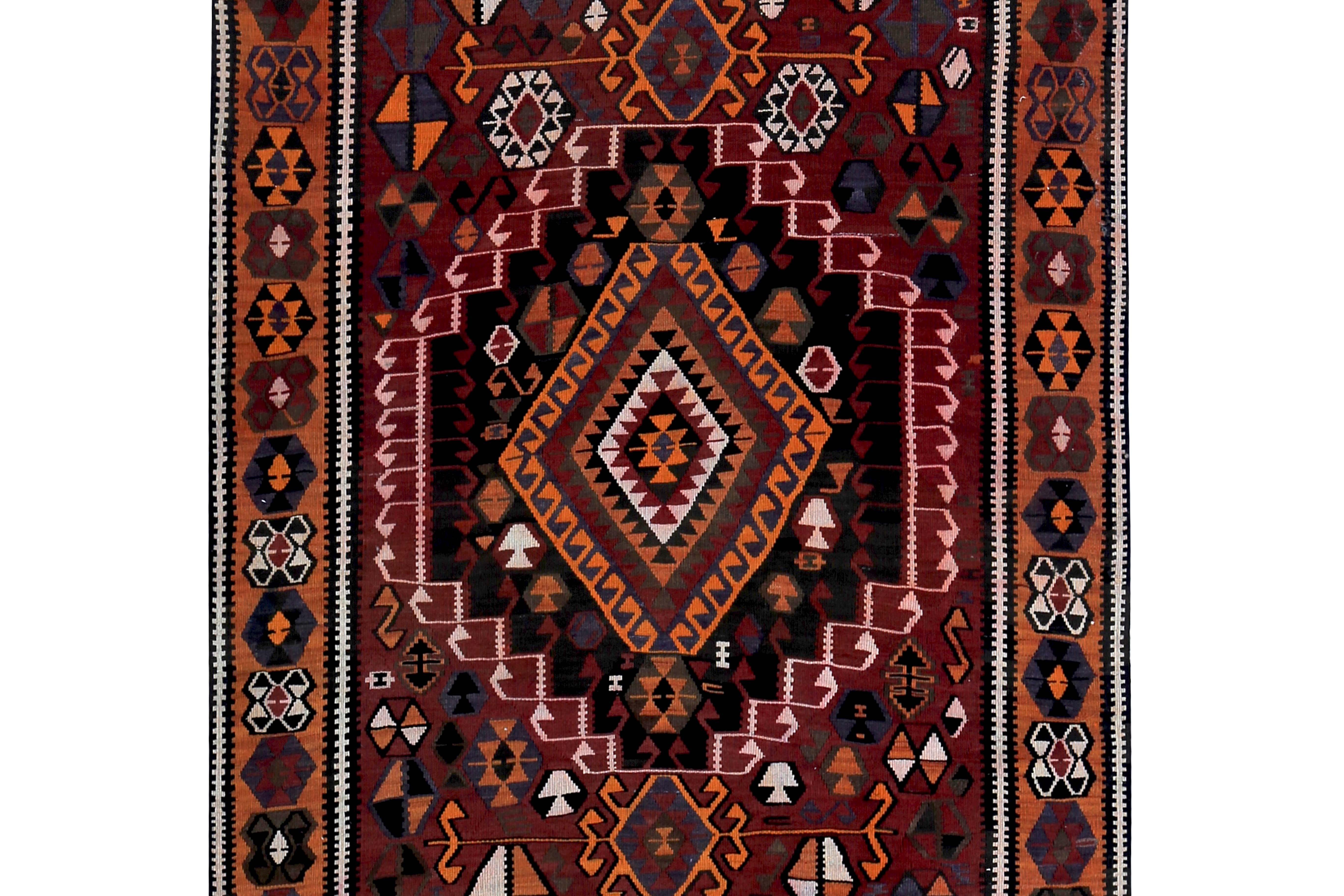 Hand-Woven Modern Turkish Kilim Runner Rug with Red, Orange and Brown Tribal Design For Sale