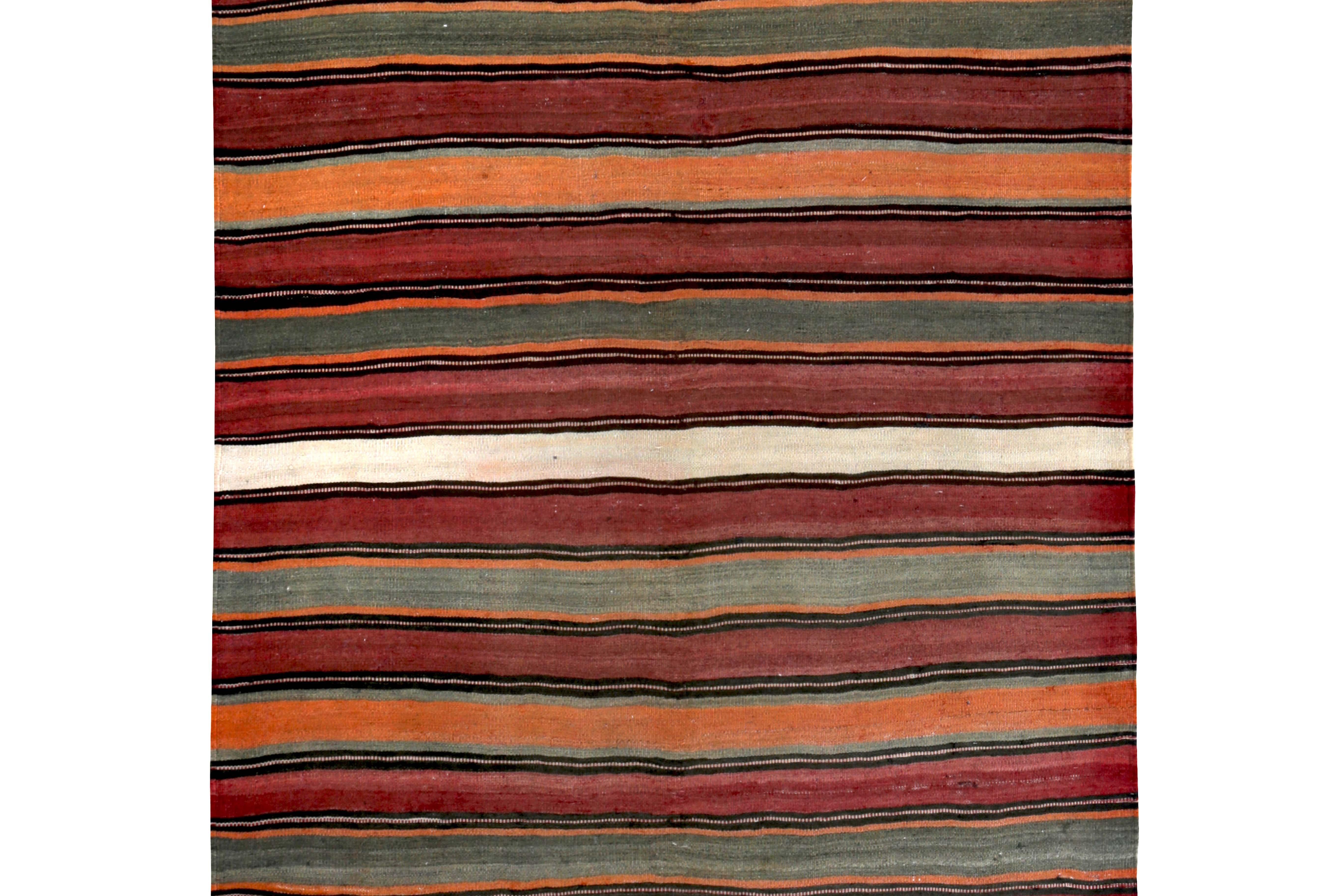 Modern Turkish Kilim Runner Rug with Red, Orange and Ivory Stripes Pattern In New Condition For Sale In Dallas, TX