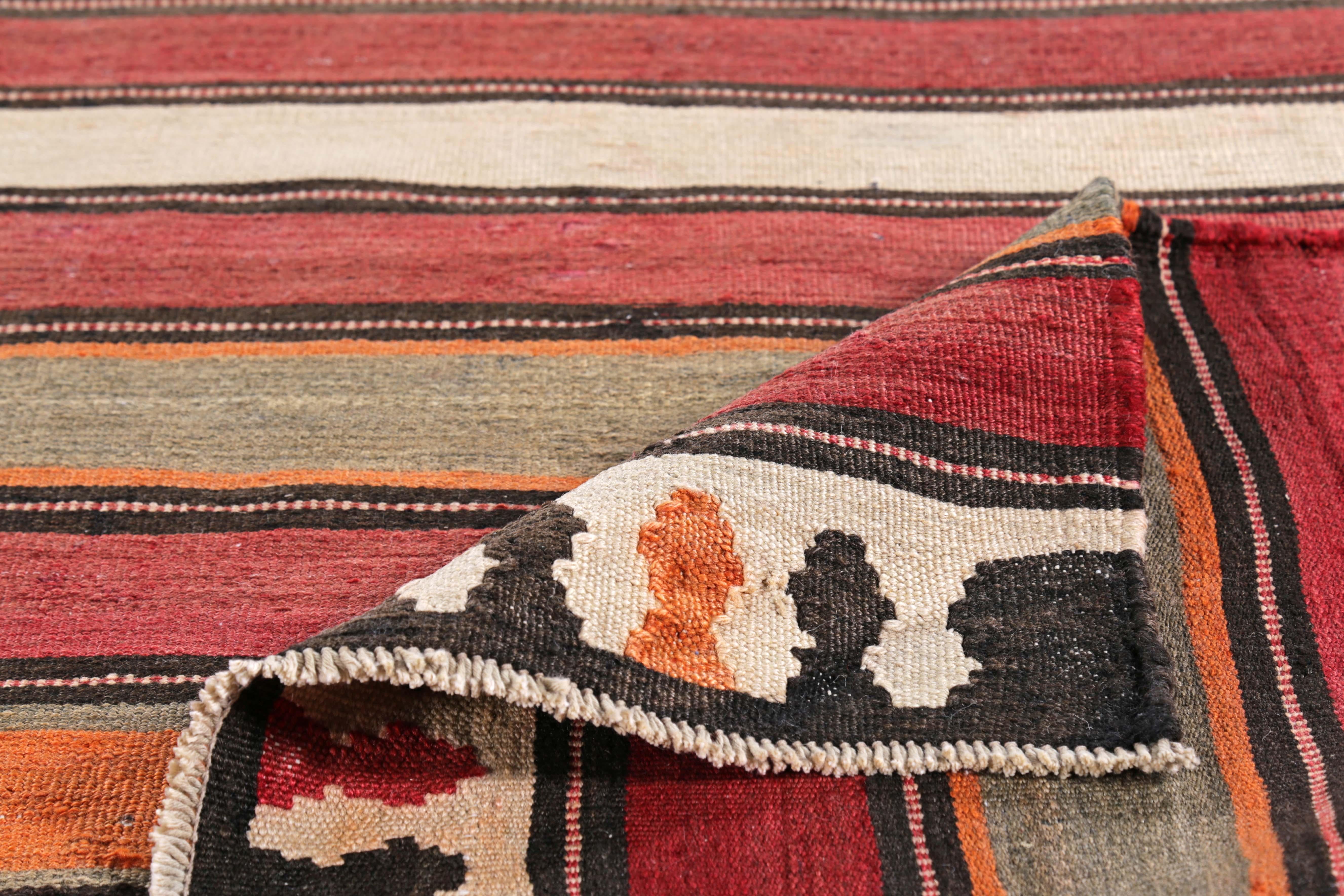 Contemporary Modern Turkish Kilim Runner Rug with Red, Orange and Ivory Stripes Pattern For Sale