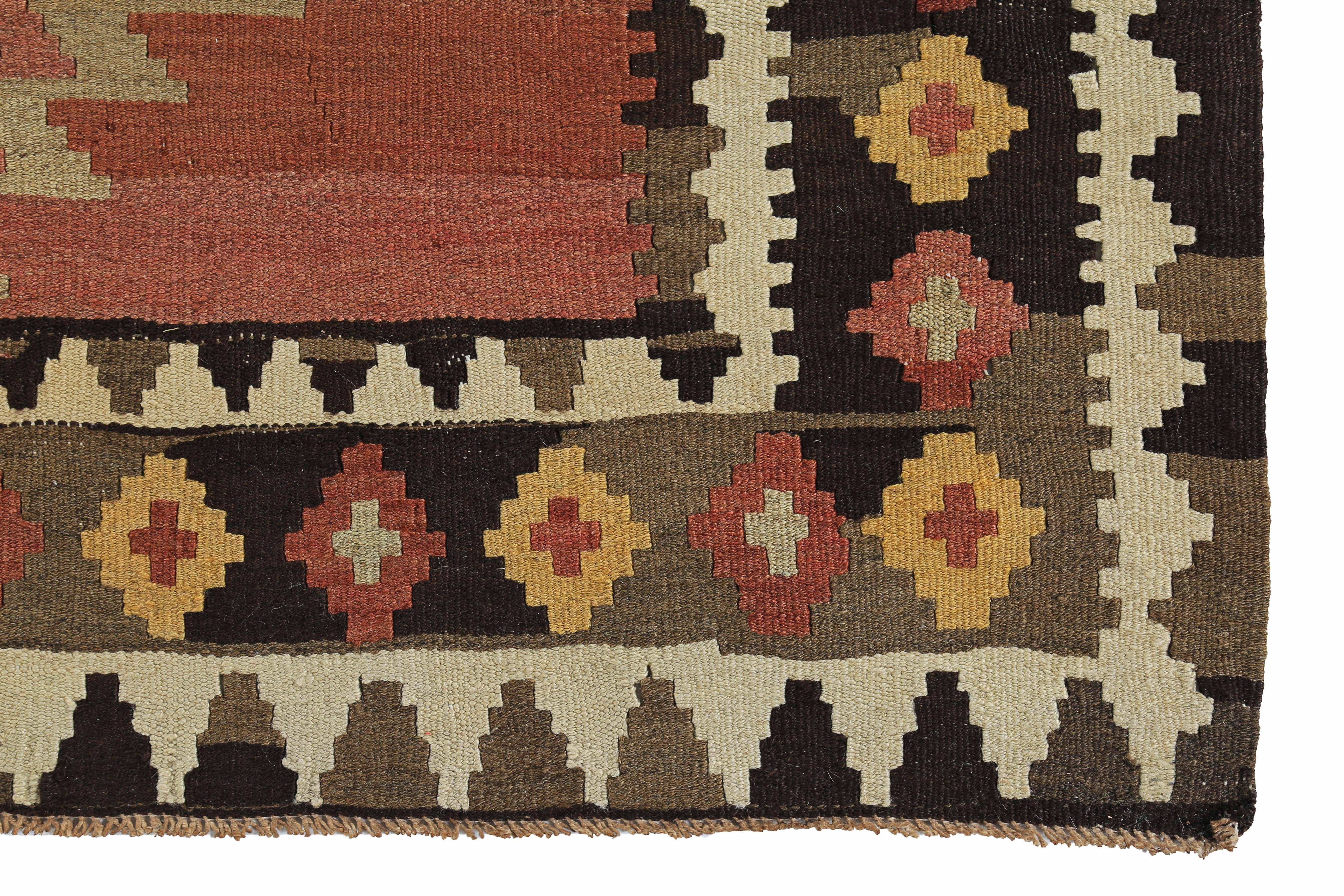 Hand-Woven Modern Turkish Kilim Runner Rug with White, Brown and Beige Tribal Pattern