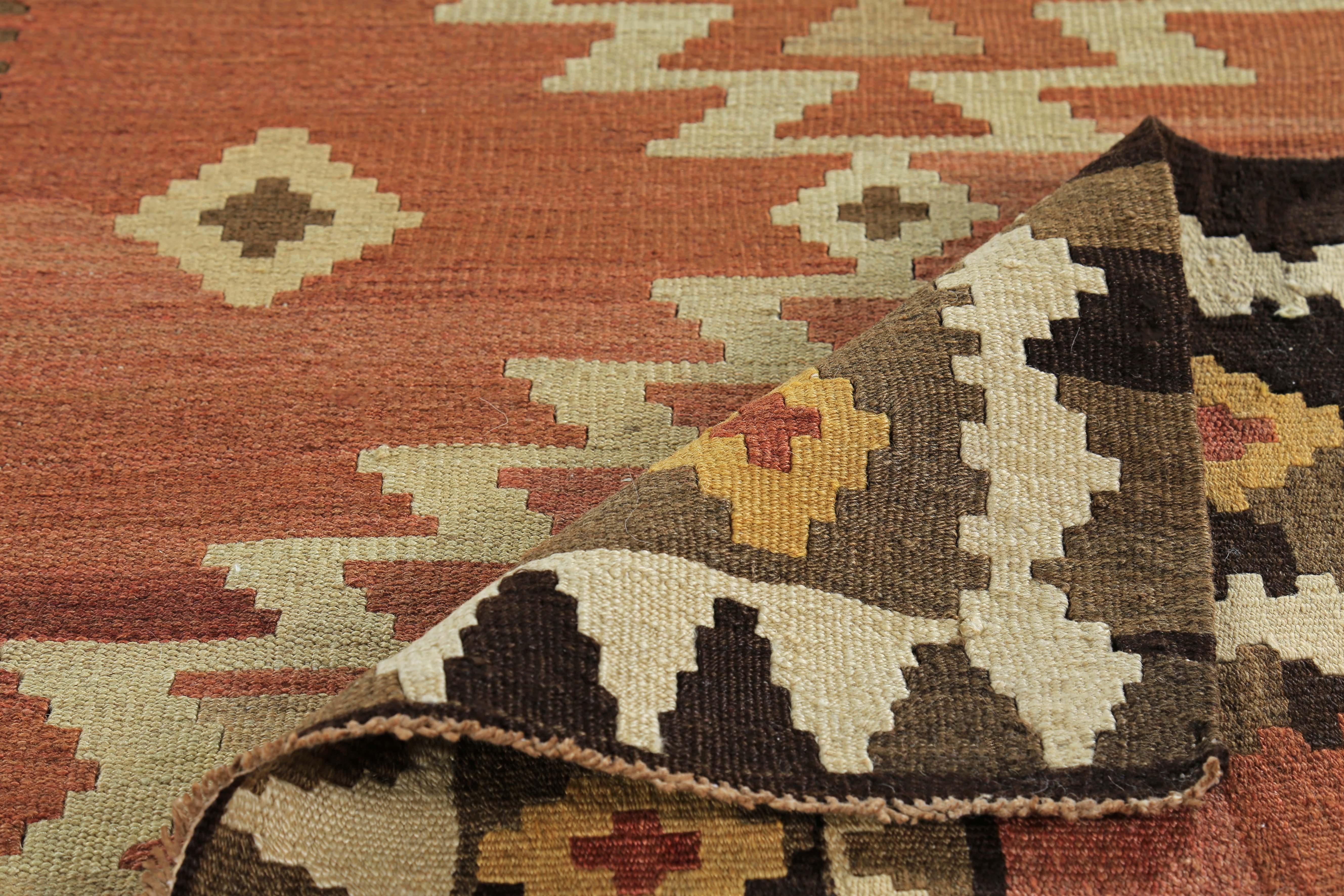 Contemporary Modern Turkish Kilim Runner Rug with White, Brown and Beige Tribal Pattern