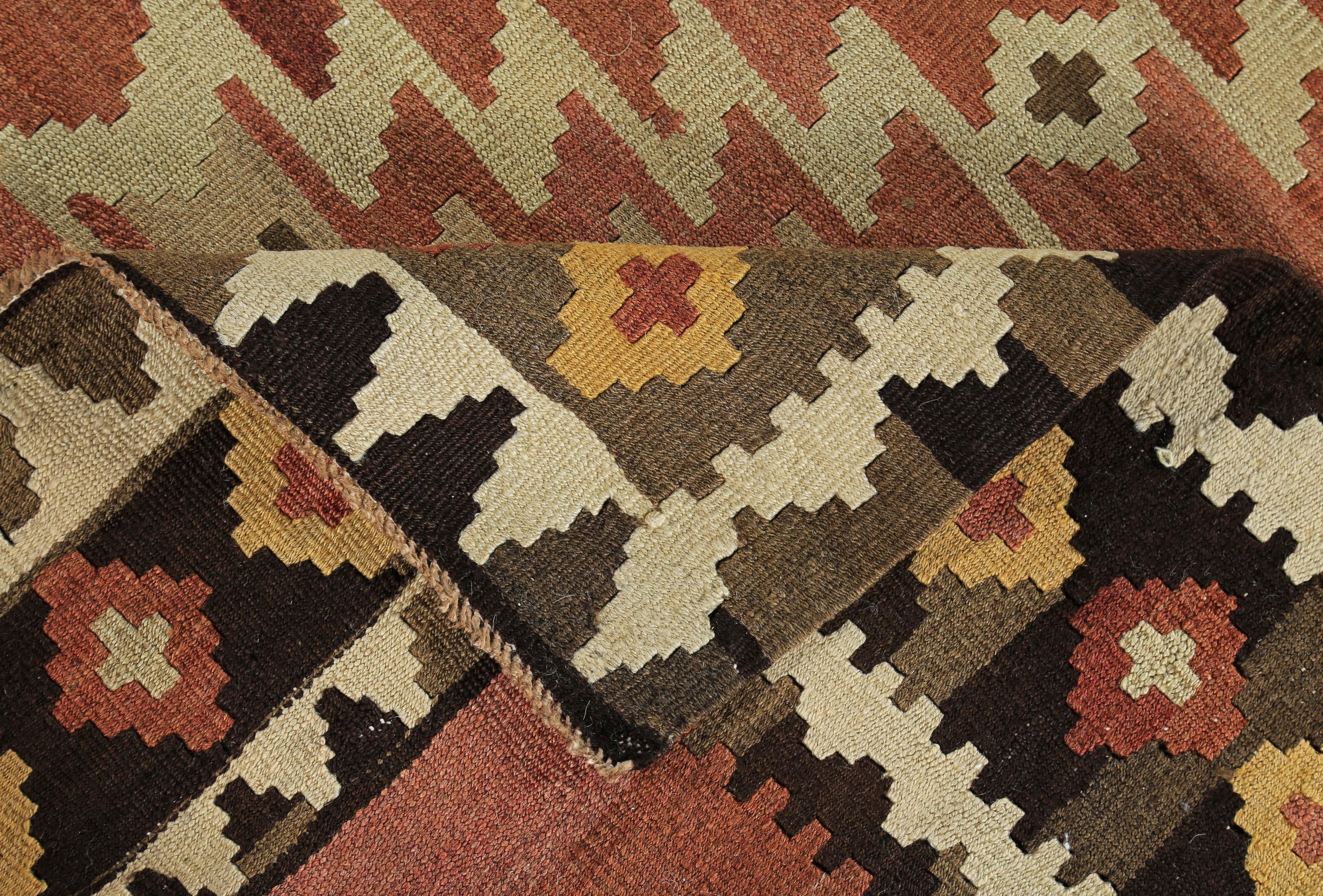 Wool Modern Turkish Kilim Runner Rug with White, Brown and Beige Tribal Pattern