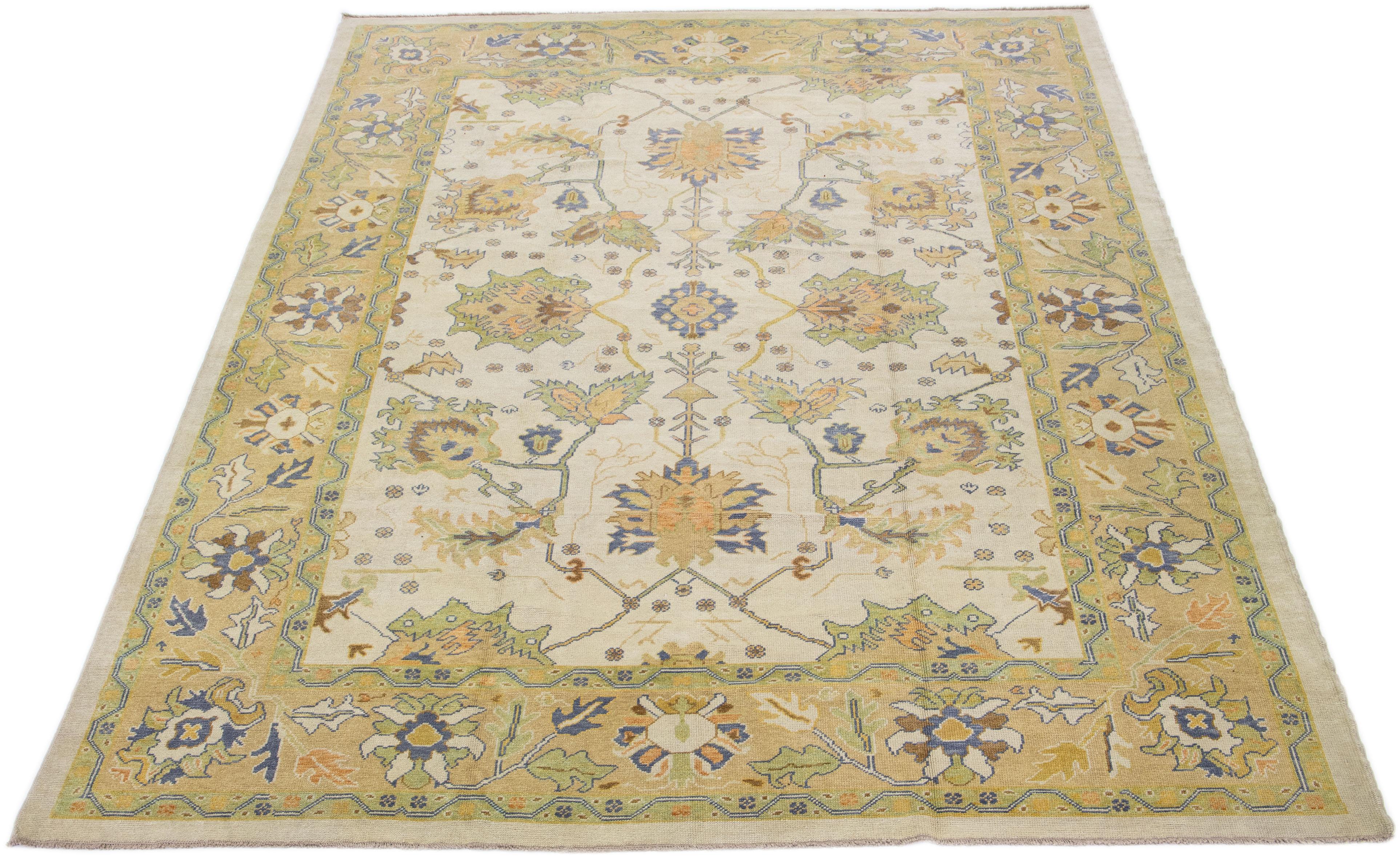 Hand-Knotted Modern Turkish Oushak Beige Handmade Floral Wool Rug For Sale